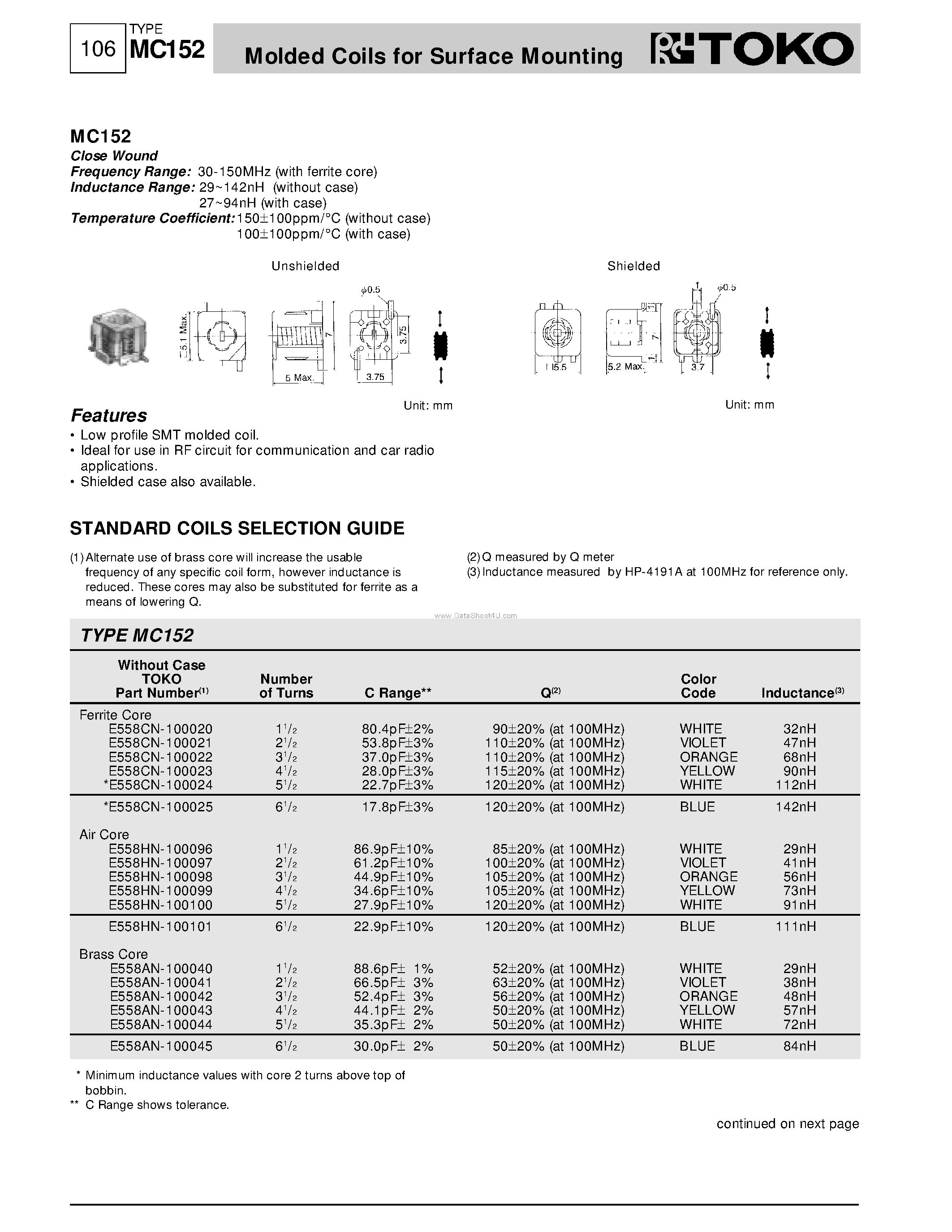 Даташит на микросхему MC152 страница 1 Даташит MC152 - Molded Coils страница 1