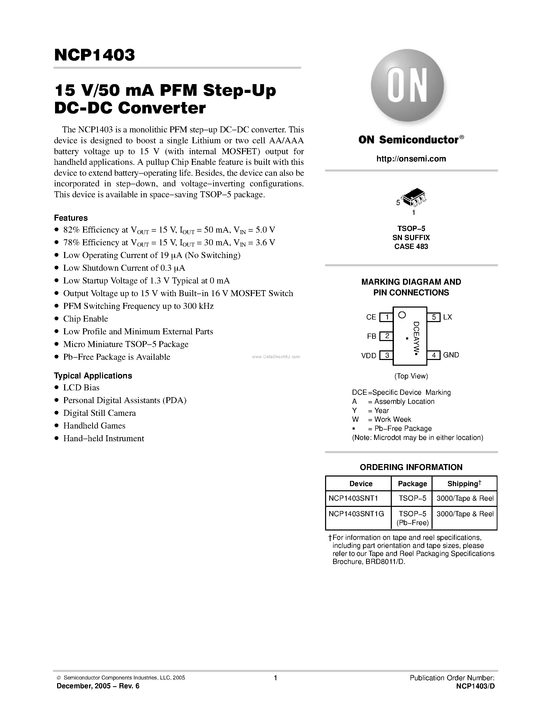 Datasheet NCP1403 - PFM Step-Up DC-DC Converter page 1