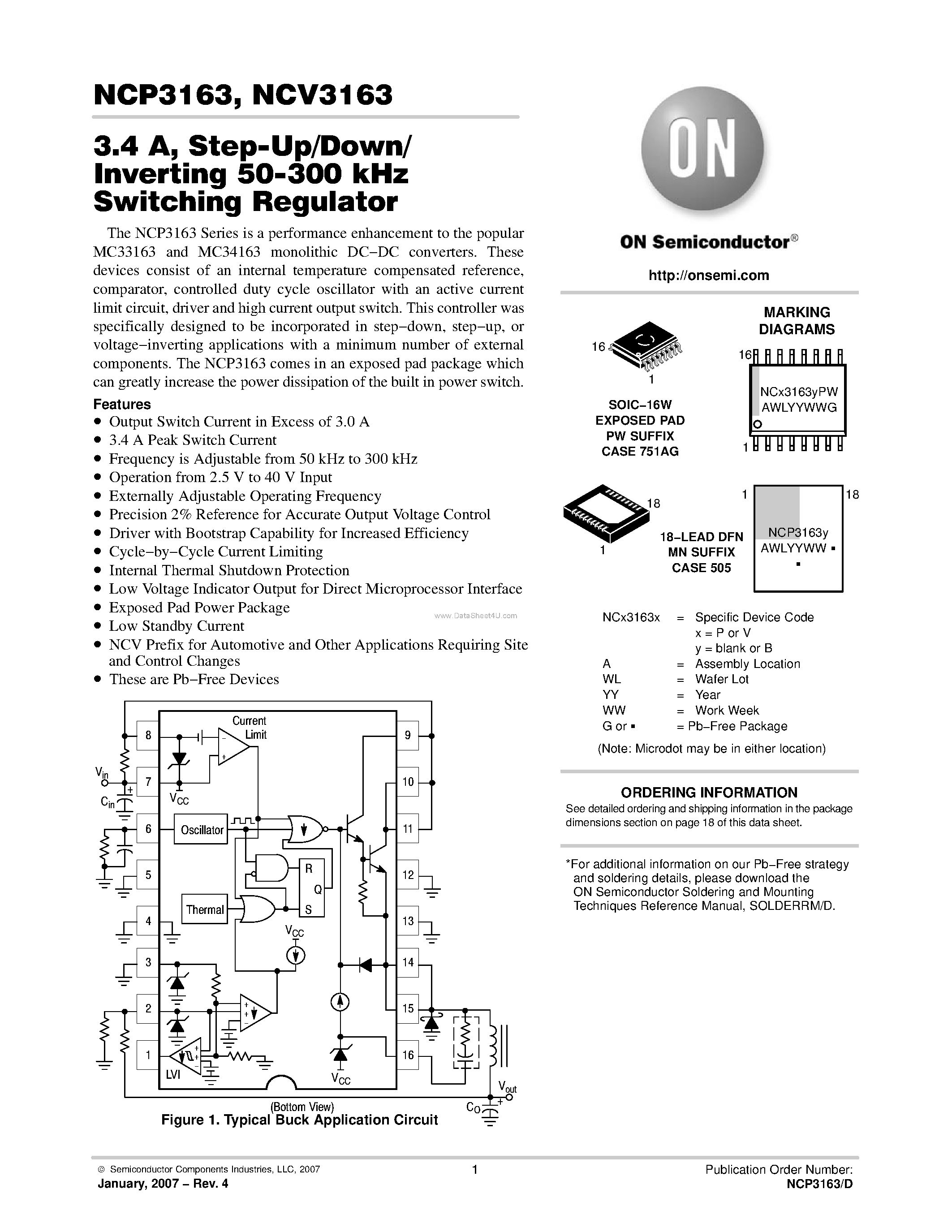Datasheet NCV3163 - Step-Up/Down/Inverting 50-300 kHz Switching Regulator page 1