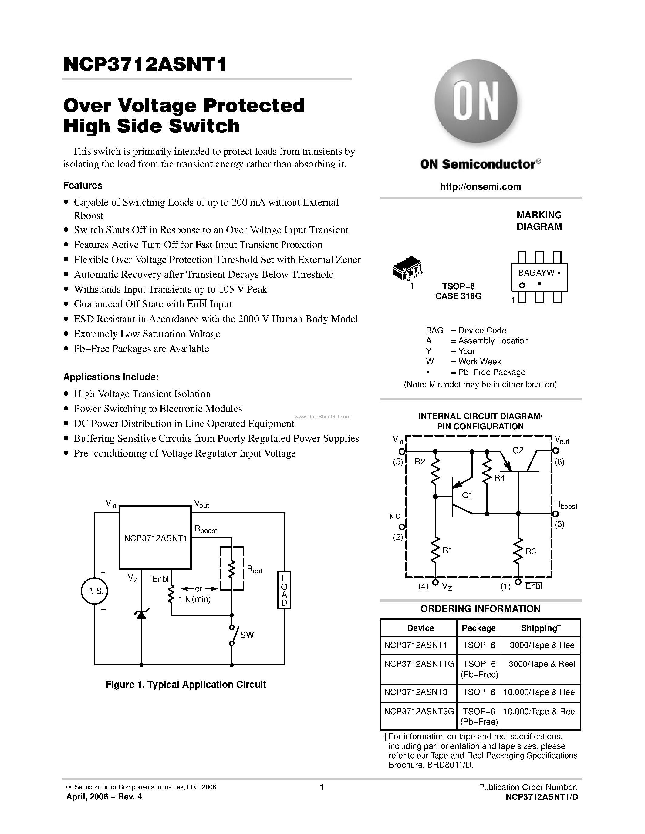 Datasheet NCP3712ASNT1 page 1 Datasheet NCP3712ASNT1 - Over Voltage Protected High Side Switch page 1