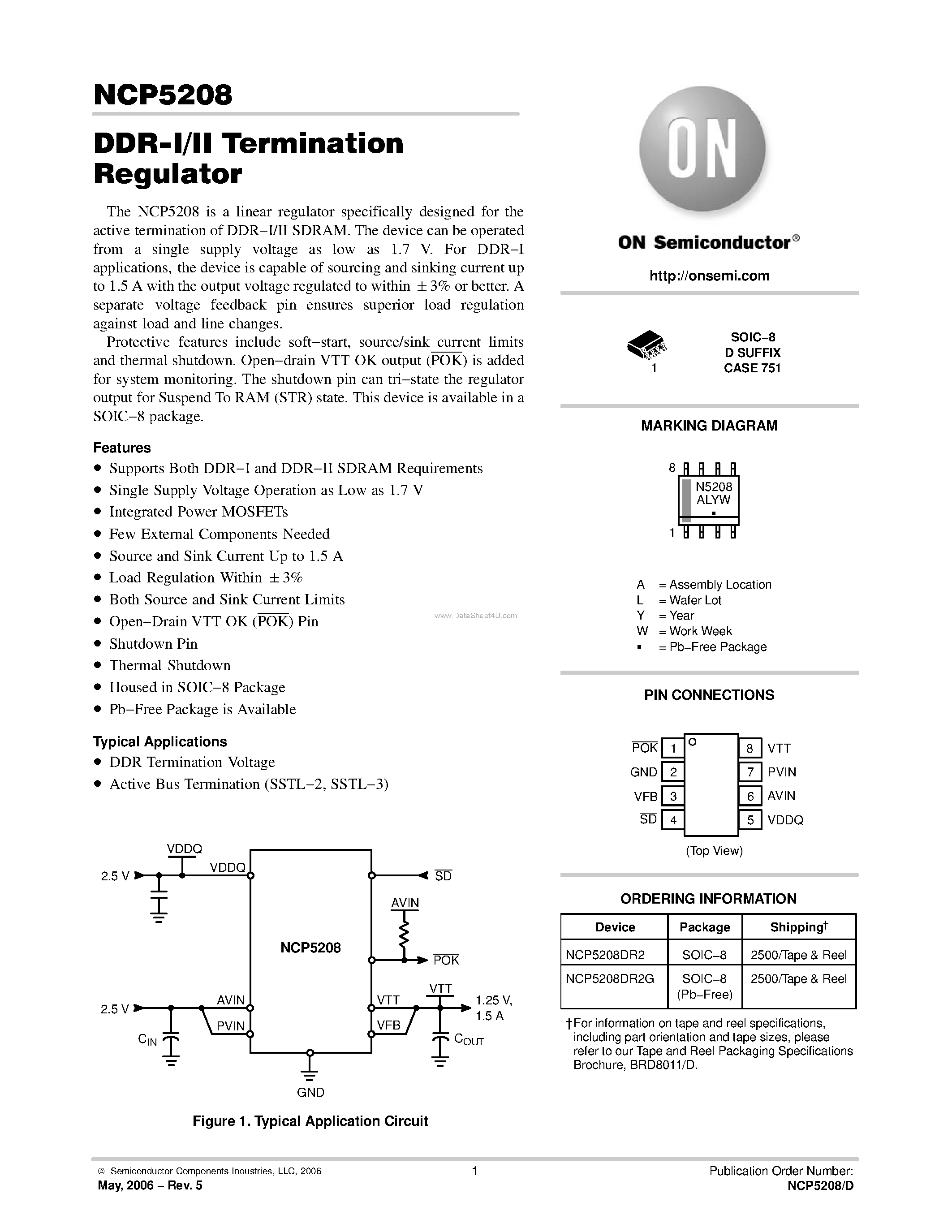 Даташит NCP5208 - DDR-I/II Termination Regulator страница 1