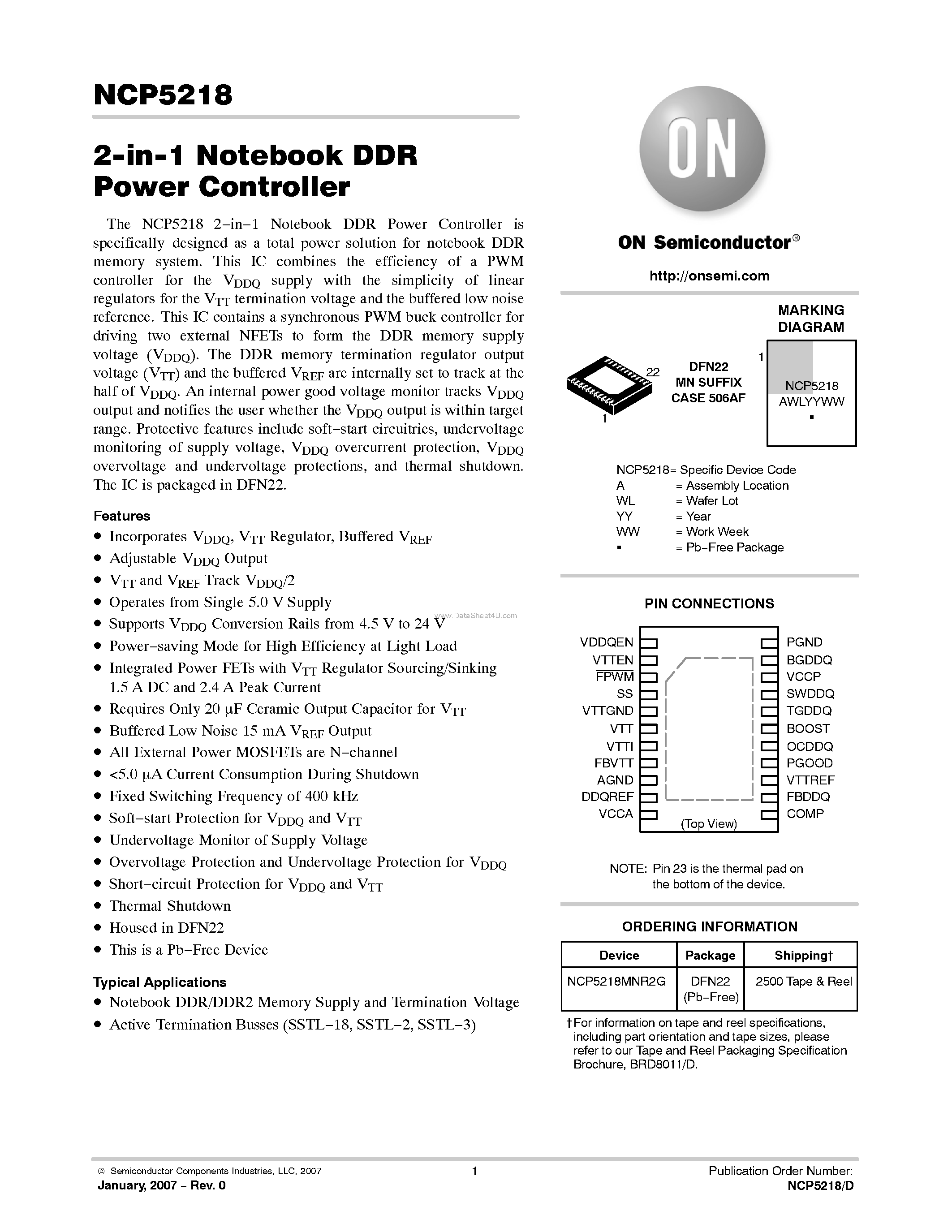 Datasheet NCP5218 - 2-in-1 Notebook DDR Power Controller page 1
