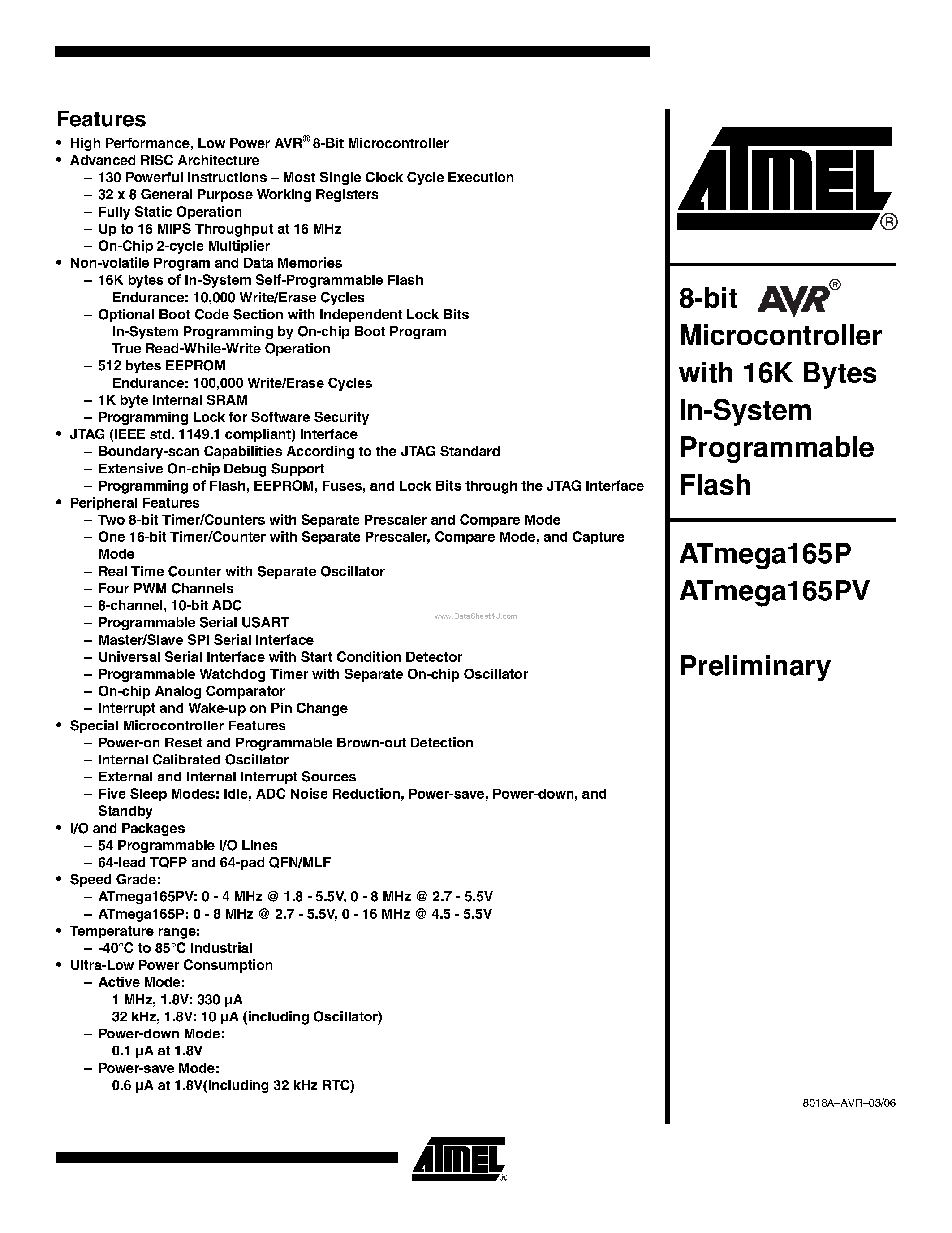 Даташит на микросхему ATMEGA165P страница 1 Даташит ATMEGA165P - 8-bit Microcontroller страница 1