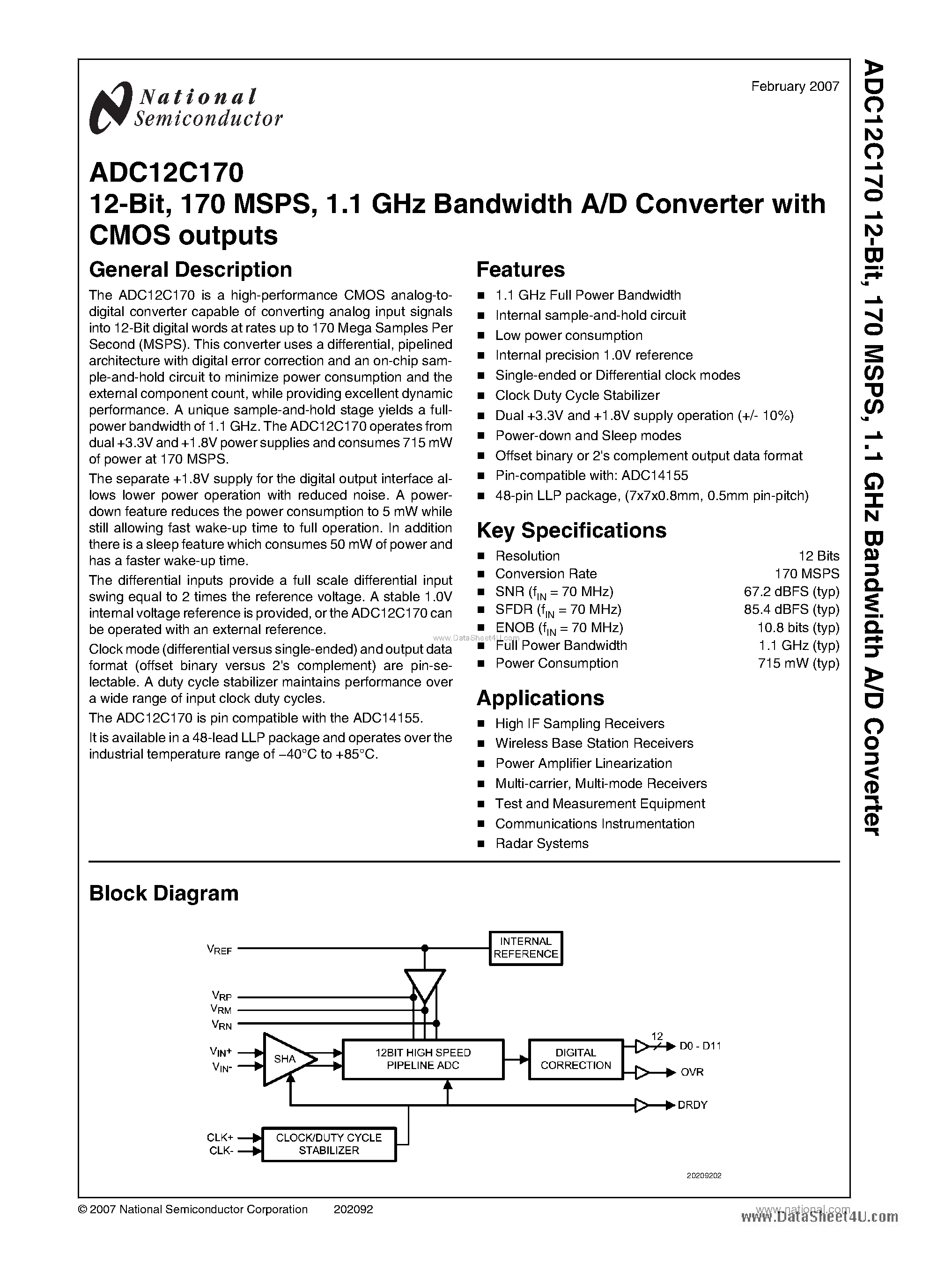 Datasheet ADC12C170 - 12-Bit Bandwidth A/D Converter page 1