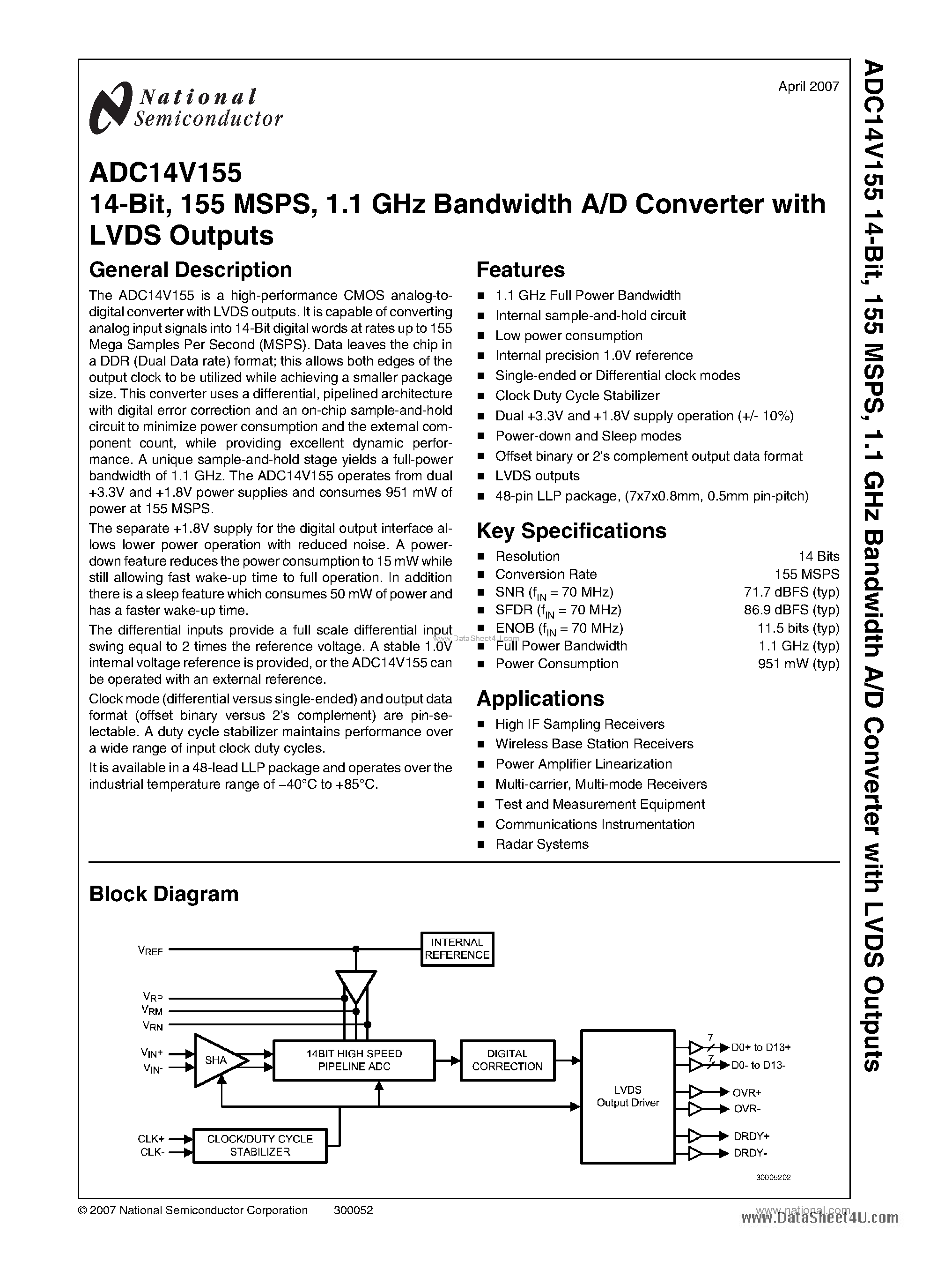 Datasheet ADC14V155 - 14-Bit Bandwidth A/D Converter page 1