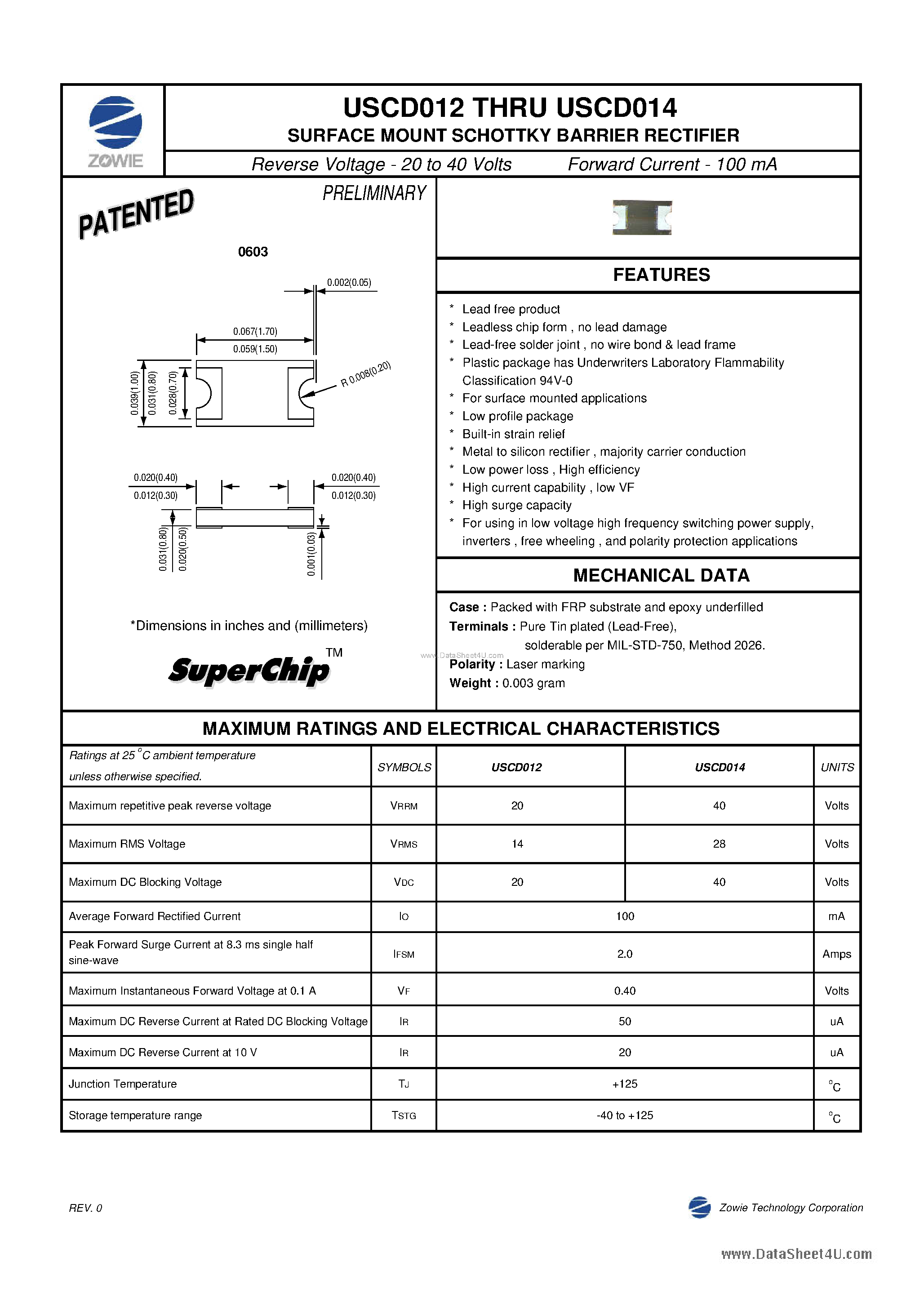 Datasheet USCD012 - (USCD012 / USCD014) Schottky Barrier Rectifiers page 1