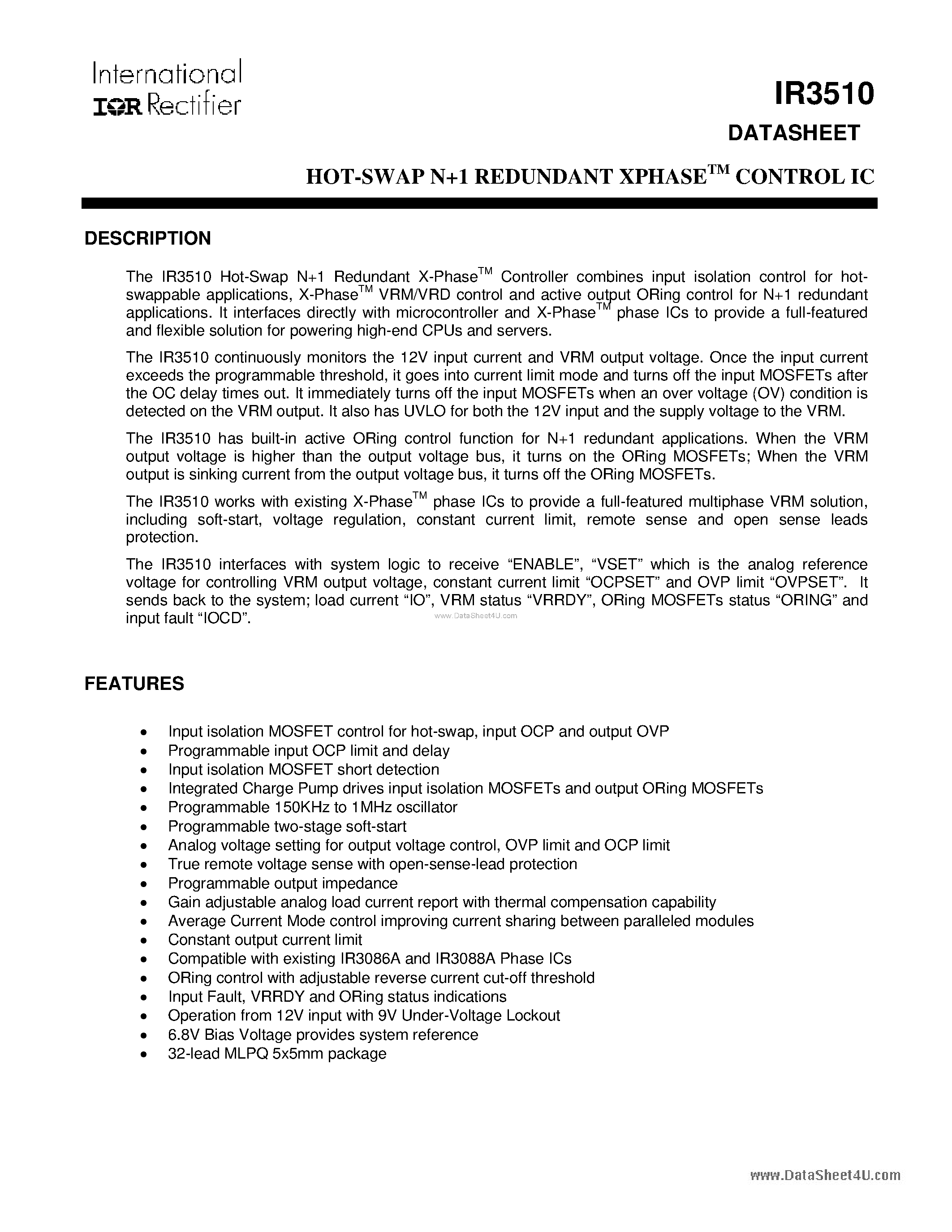 Datasheet IR3510 page 1 Datasheet IR3510 - Hot-Swap N+1 Redundant XPhase Control IC page 1