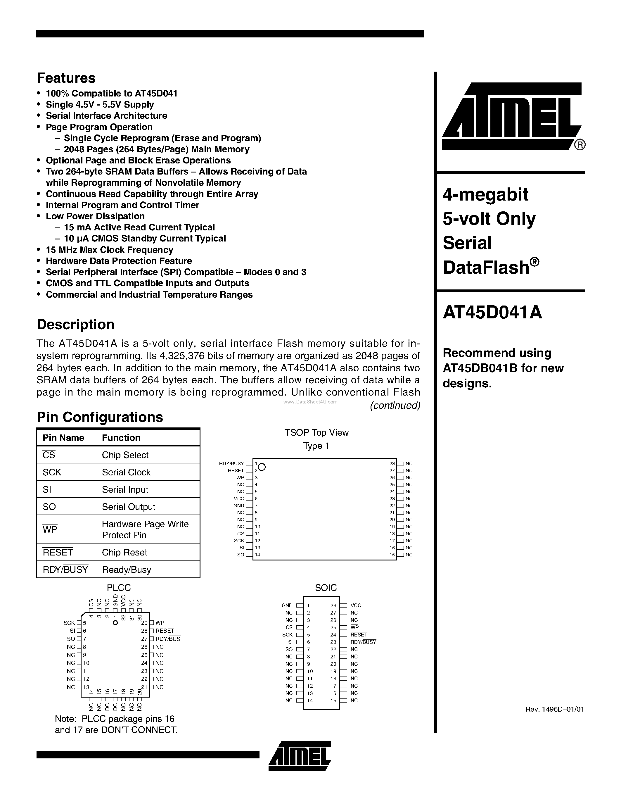 Datasheet AT45D041A - 4-megabit 5-volt Only Serial DataFlash page 1