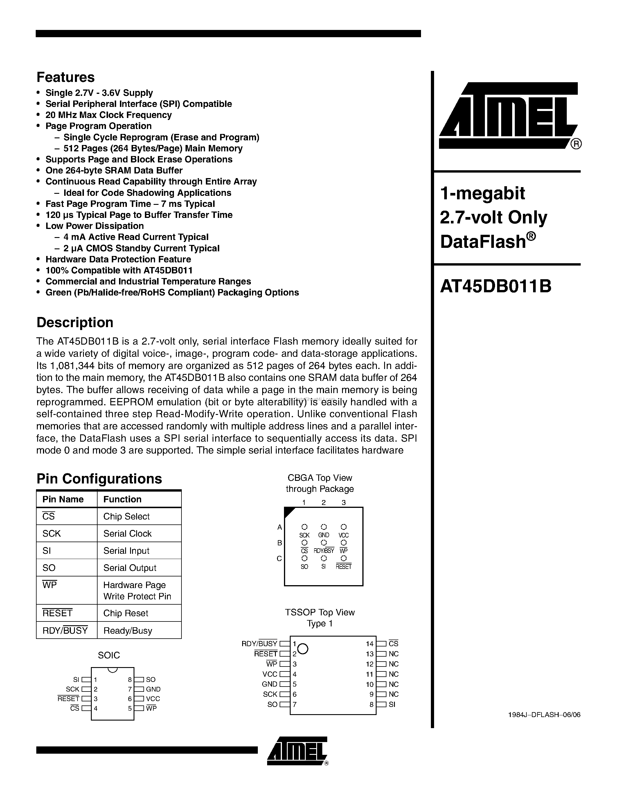 Datasheet AT45DB011B - 1-megabit 2.7-volt Only DataFlash page 1