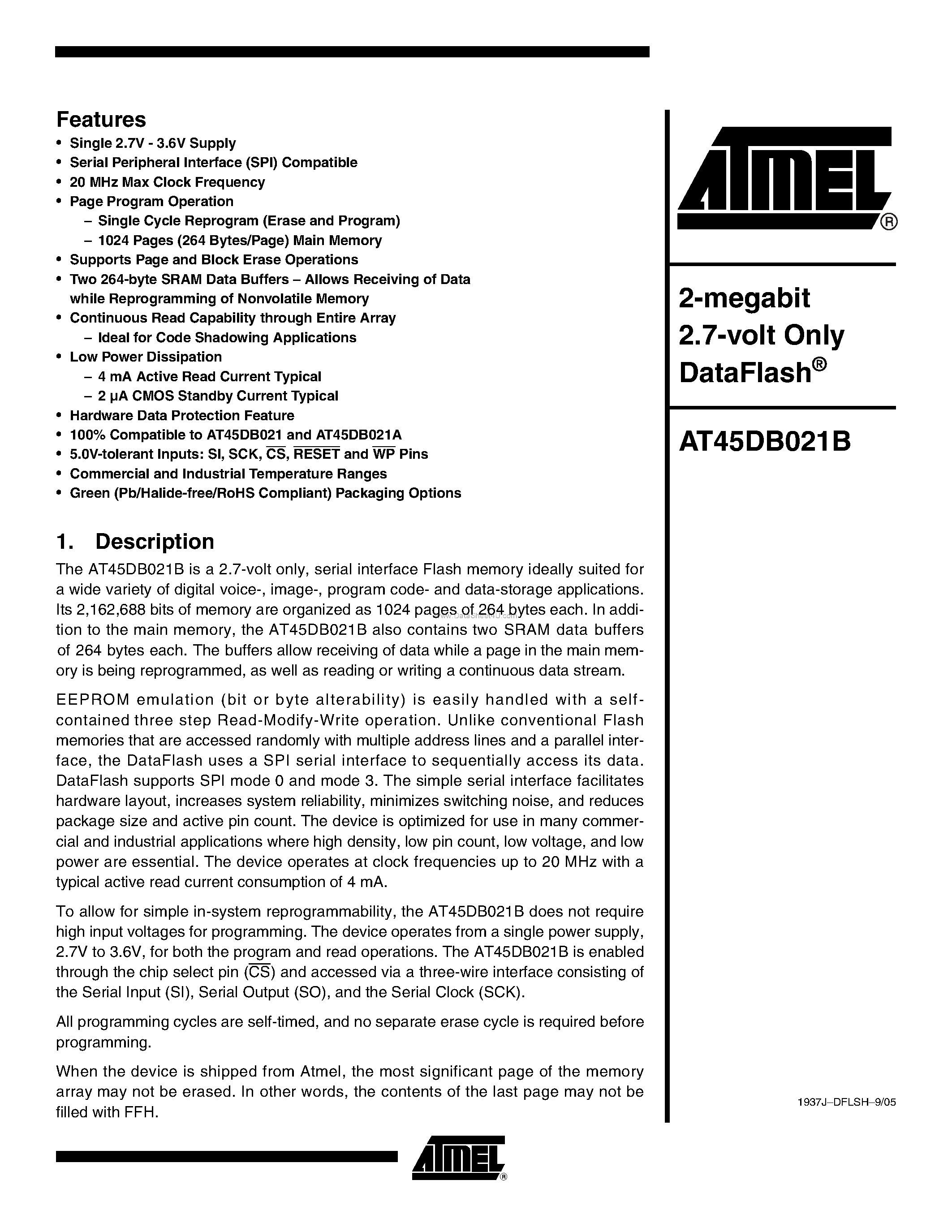 Datasheet AT45DB021B - 2-megabit 2.7-volt Only DataFlash page 1