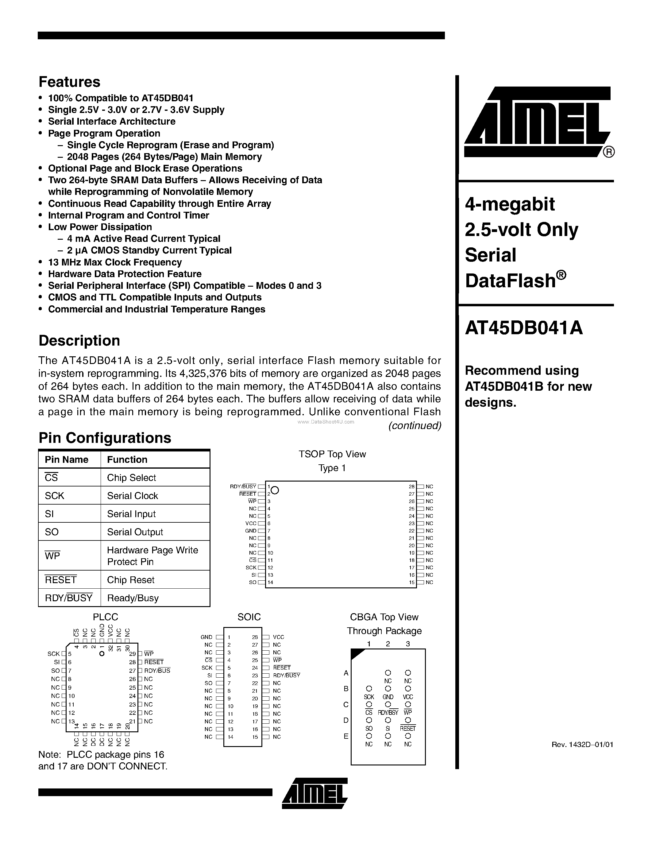 Datasheet AT45DB041A - 4-megabit 2.5-volt Only Serial DataFlasH page 1
