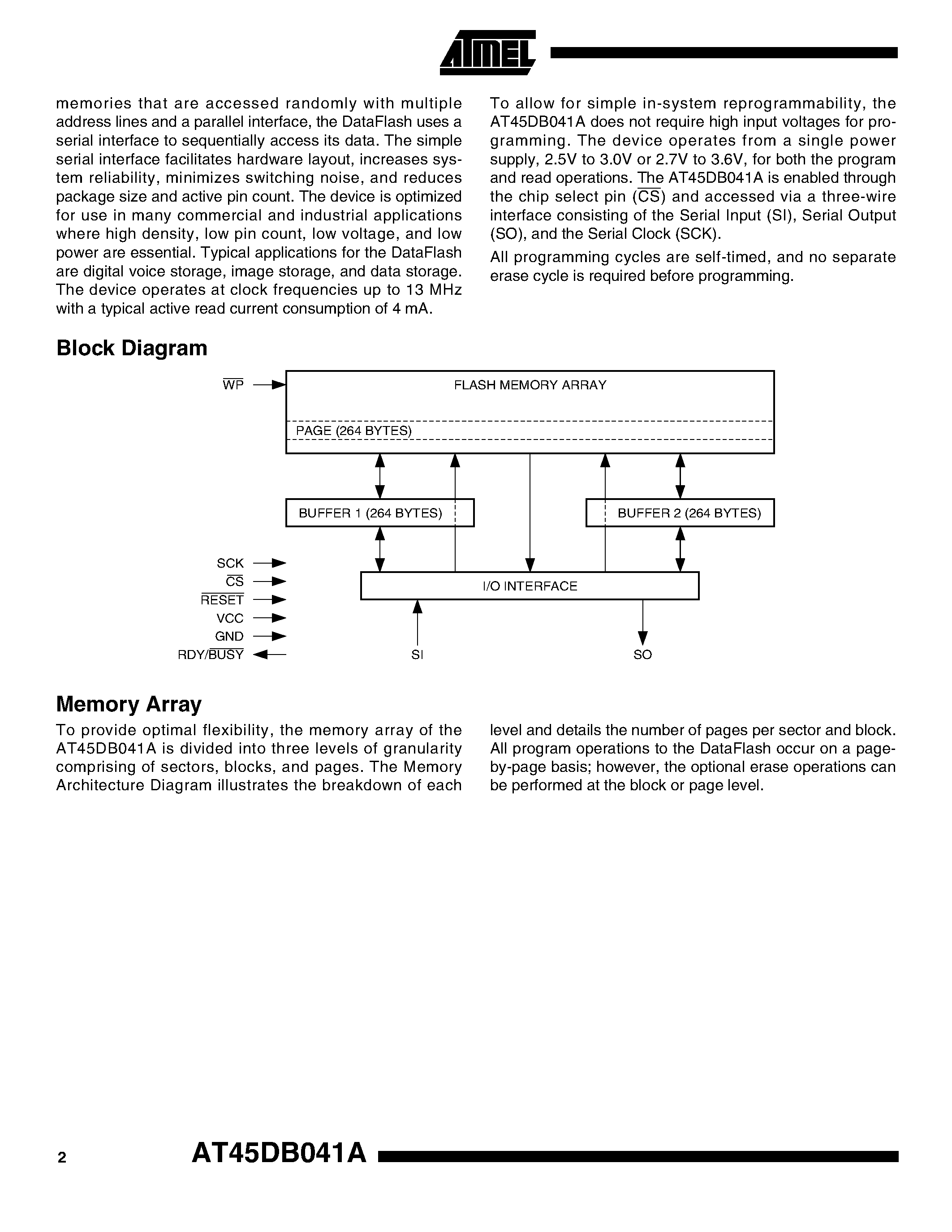 Datasheet AT45DB041A - 4-megabit 2.5-volt Only Serial DataFlasH page 2