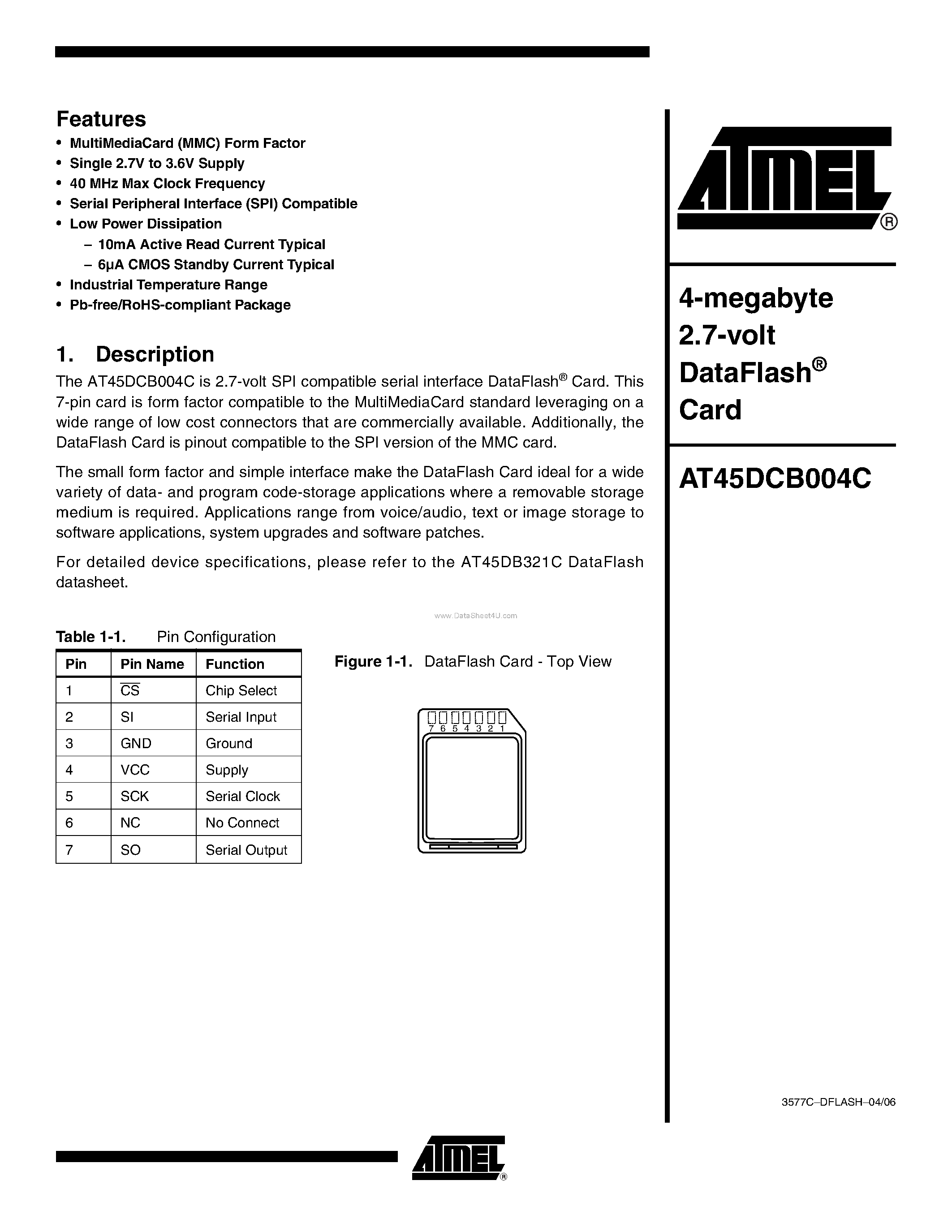 Datasheet AT45DCB004C - 4-megabyte 2.7-volt DataFlash Card page 1