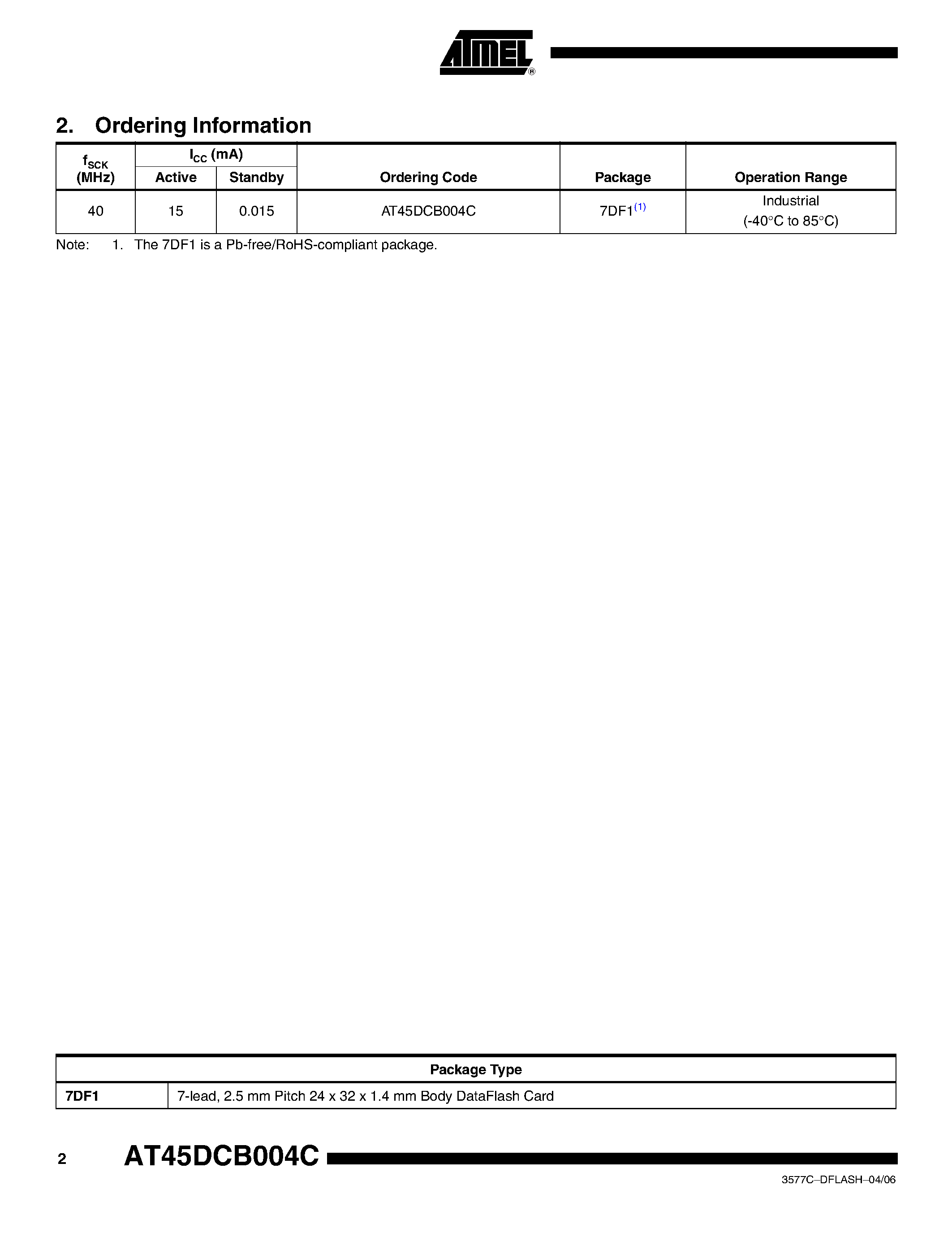 Datasheet AT45DCB004C - 4-megabyte 2.7-volt DataFlash Card page 2