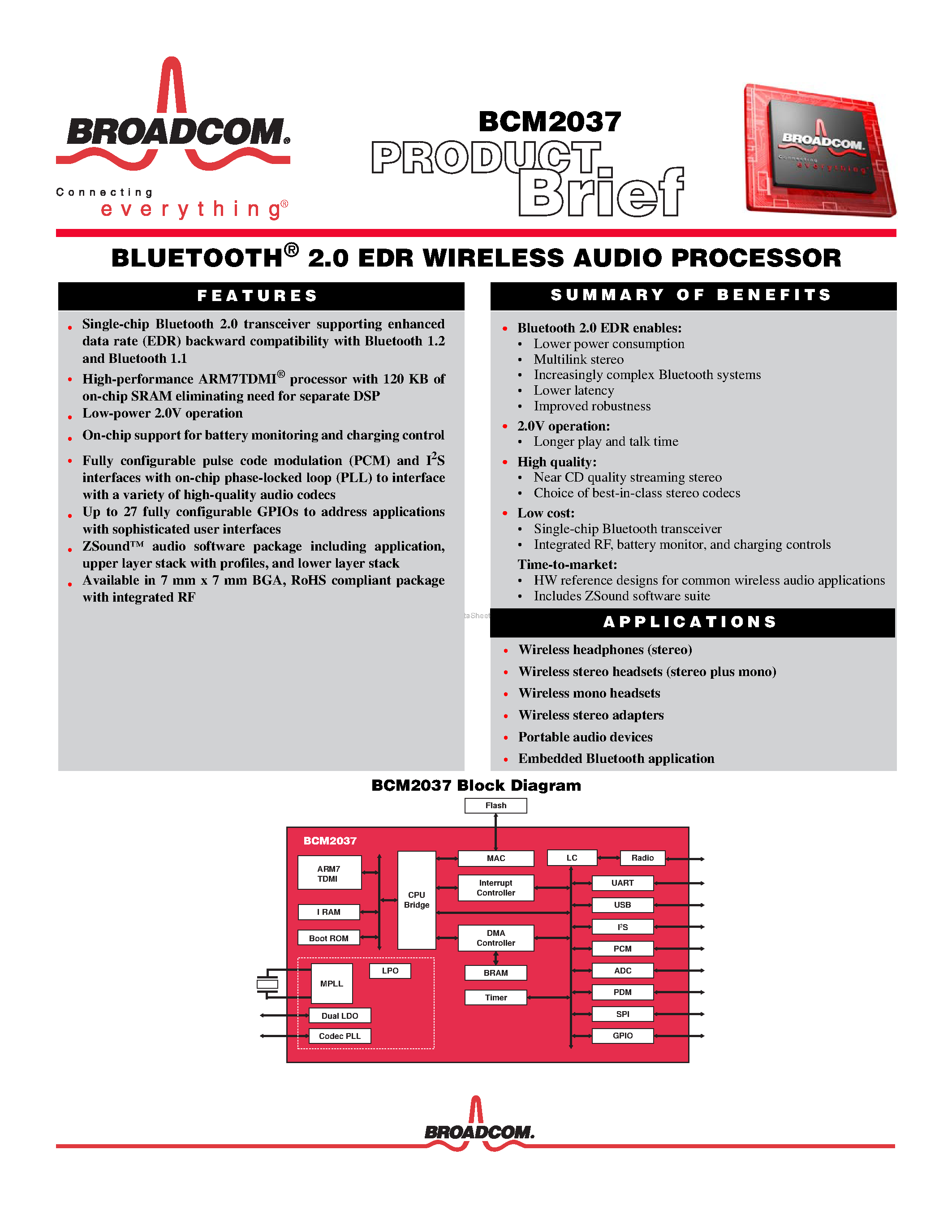 Datasheet BCM2037 page 1 Datasheet BCM2037 - BLUETOOTH 2.0 EDR WIRELESS AUDIO PROCESSOR page 1
