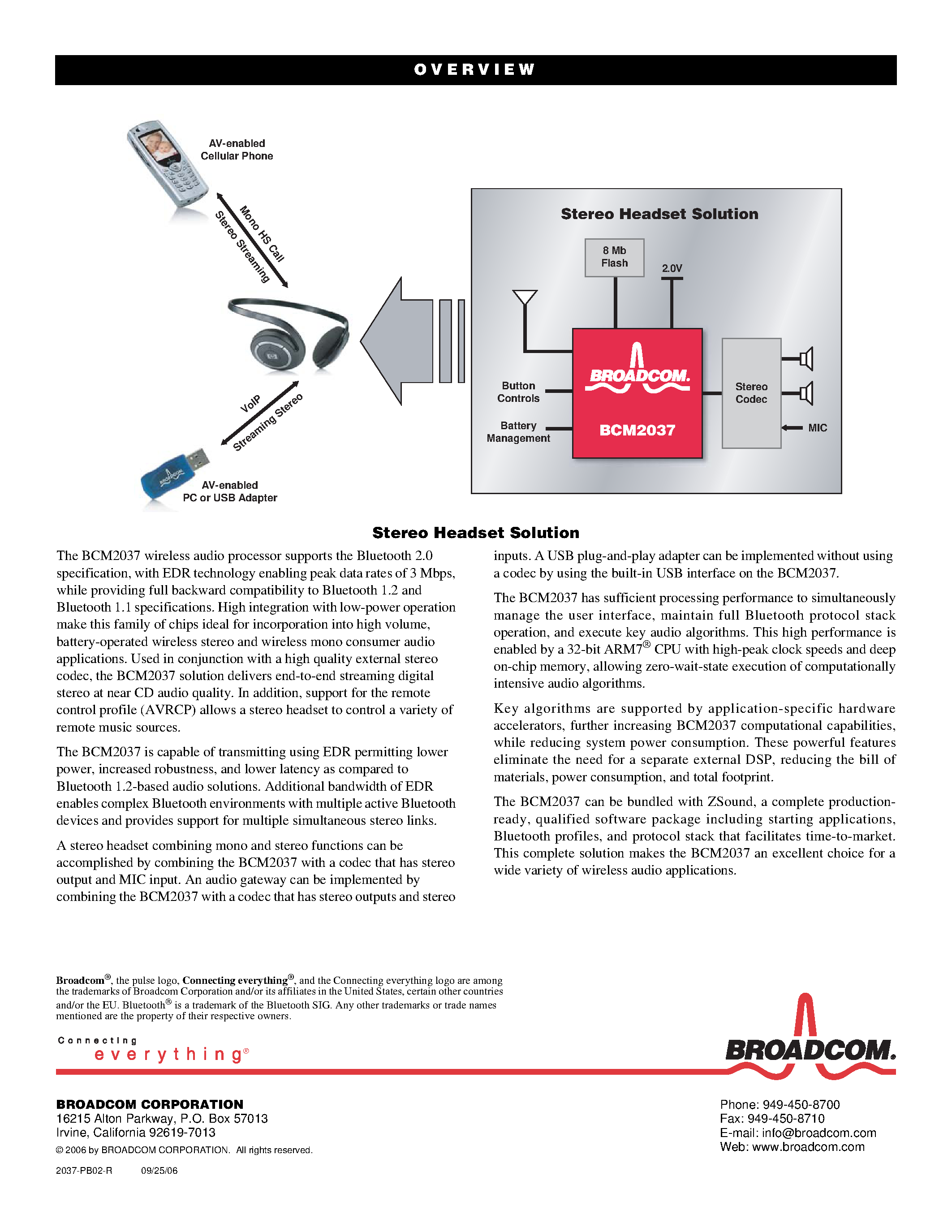 Datasheet BCM2037 page 2 Datasheet BCM2037 - BLUETOOTH 2.0 EDR WIRELESS AUDIO PROCESSOR page 2