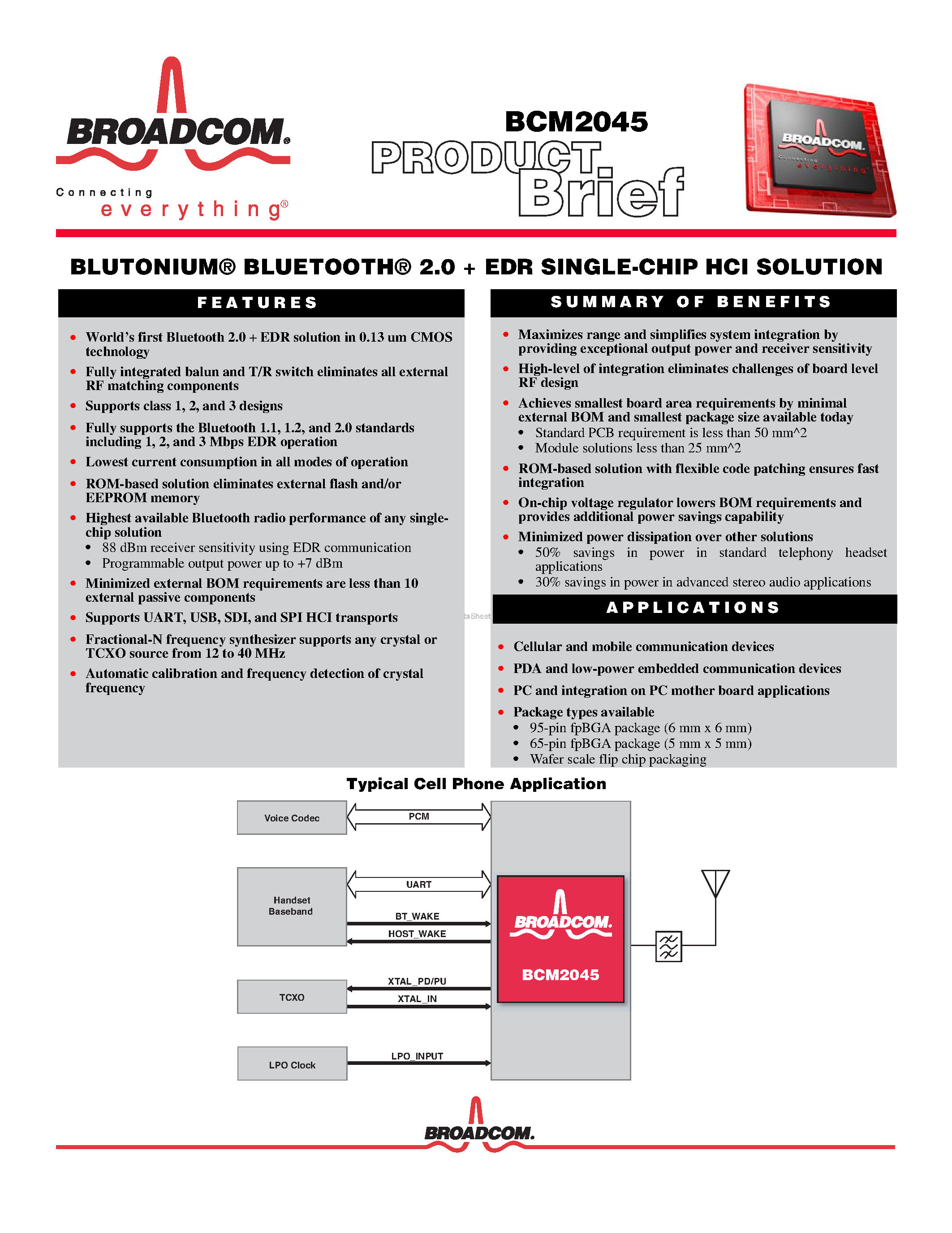 Даташит на микросхему BCM2045 страница 1 Даташит BCM2045 - BLUTONIUM BLUETOOTH 2.0 + EDR SINGLE-CHIP HCI SOLUTION страница 1
