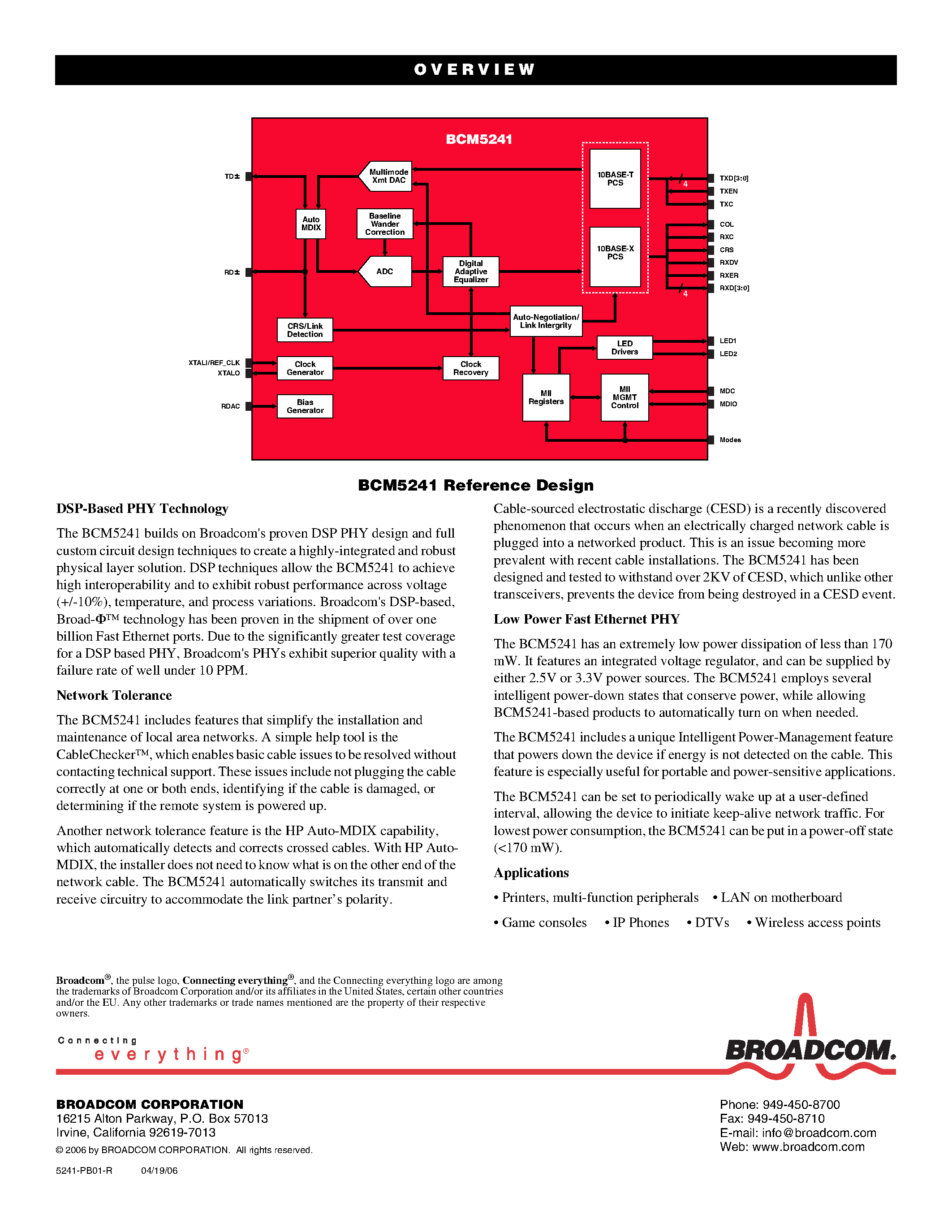 Даташит на микросхему BCM5241 страница 2 Даташит BCM5241 - 10/100BASE-TX SINGLE-CHANNEL TRANSCEIVER страница 2