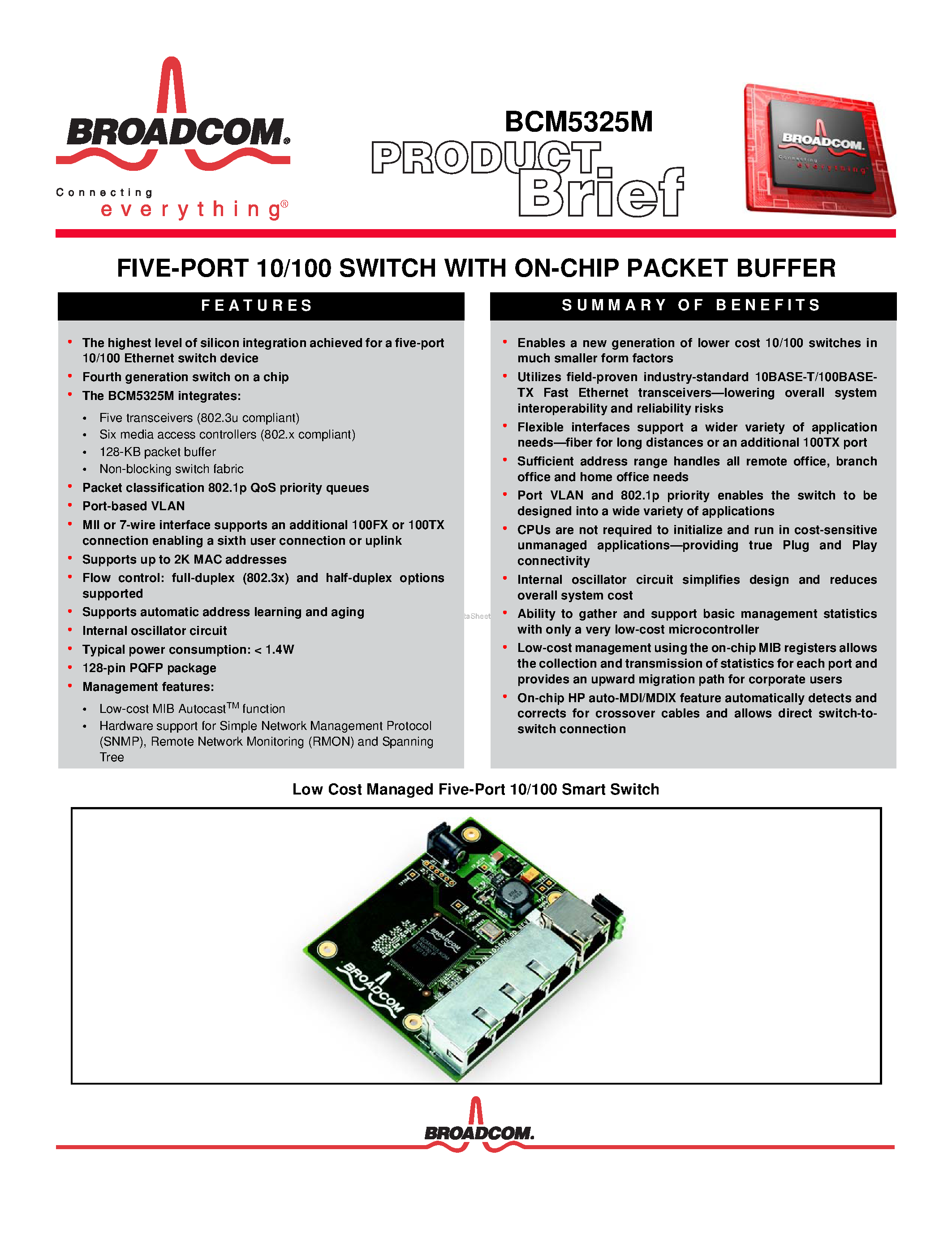 Даташит на микросхему BCM5325M страница 1 Даташит BCM5325M - FIVE-PORT 10/100 SWITCH страница 1