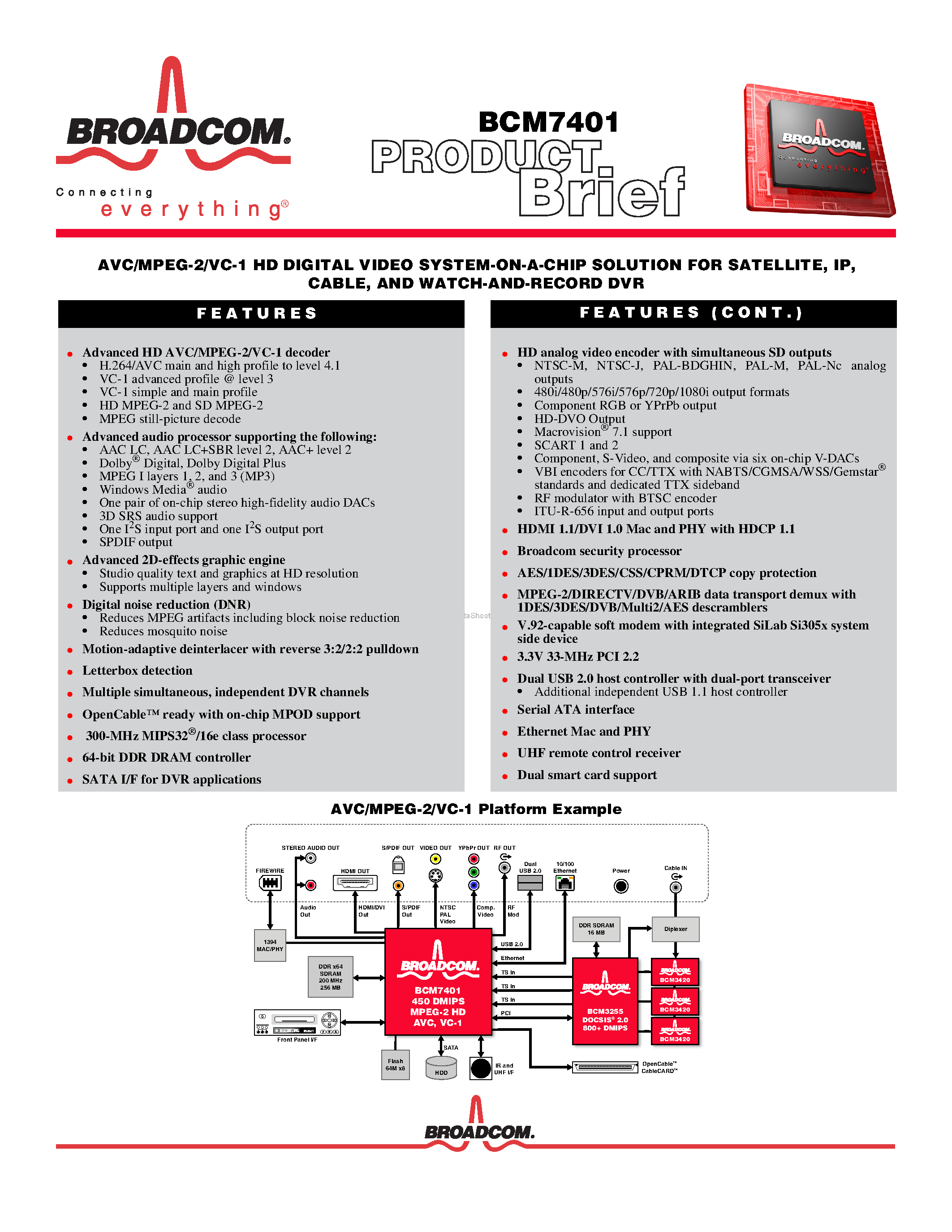 Datasheet BCM7401 - AVC/MPEG-2/VC-1 HD DIGITAL VIDEO SYSTEM-ON-A-CHIP SOLUTION page 1