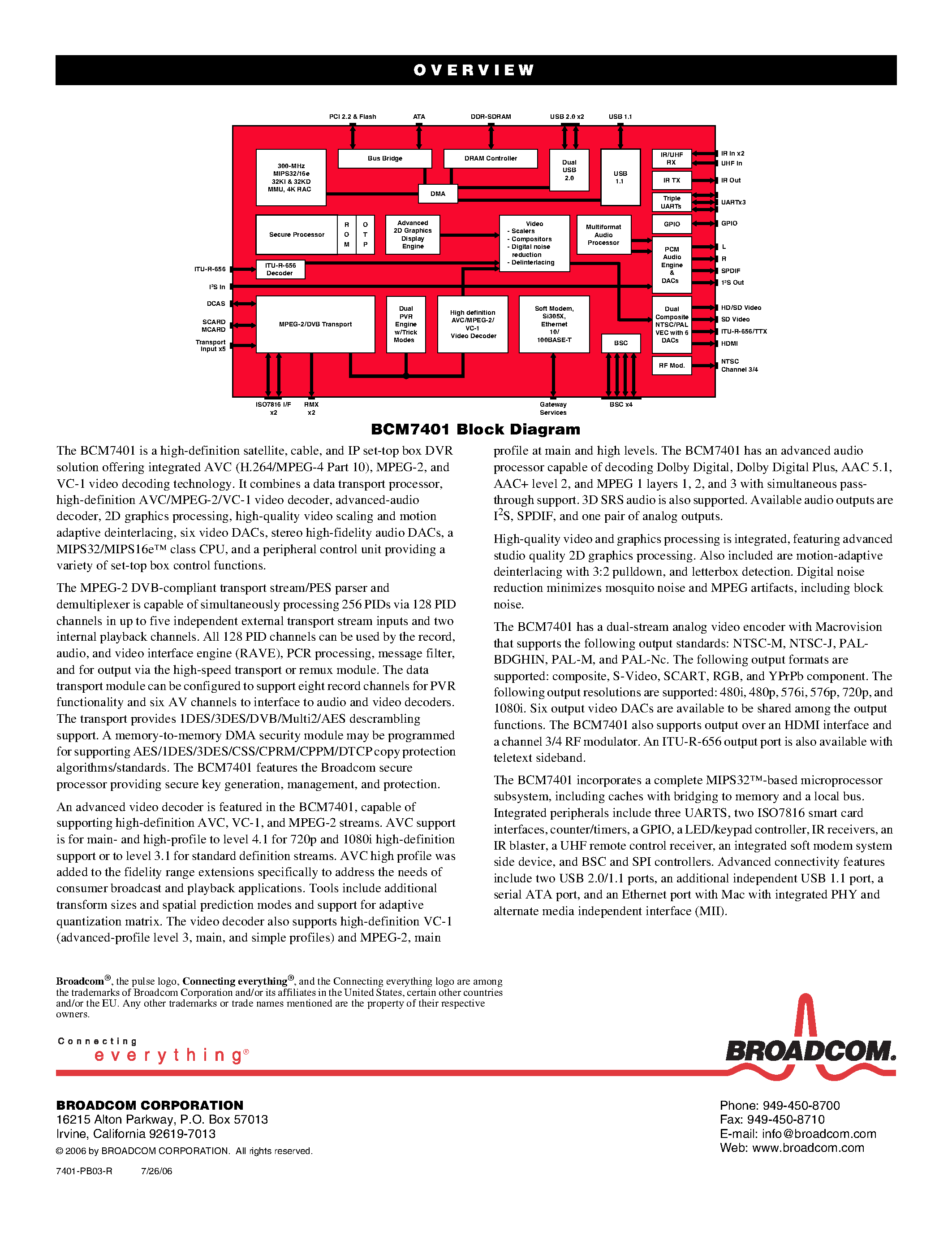 Datasheet BCM7401 - AVC/MPEG-2/VC-1 HD DIGITAL VIDEO SYSTEM-ON-A-CHIP SOLUTION page 2