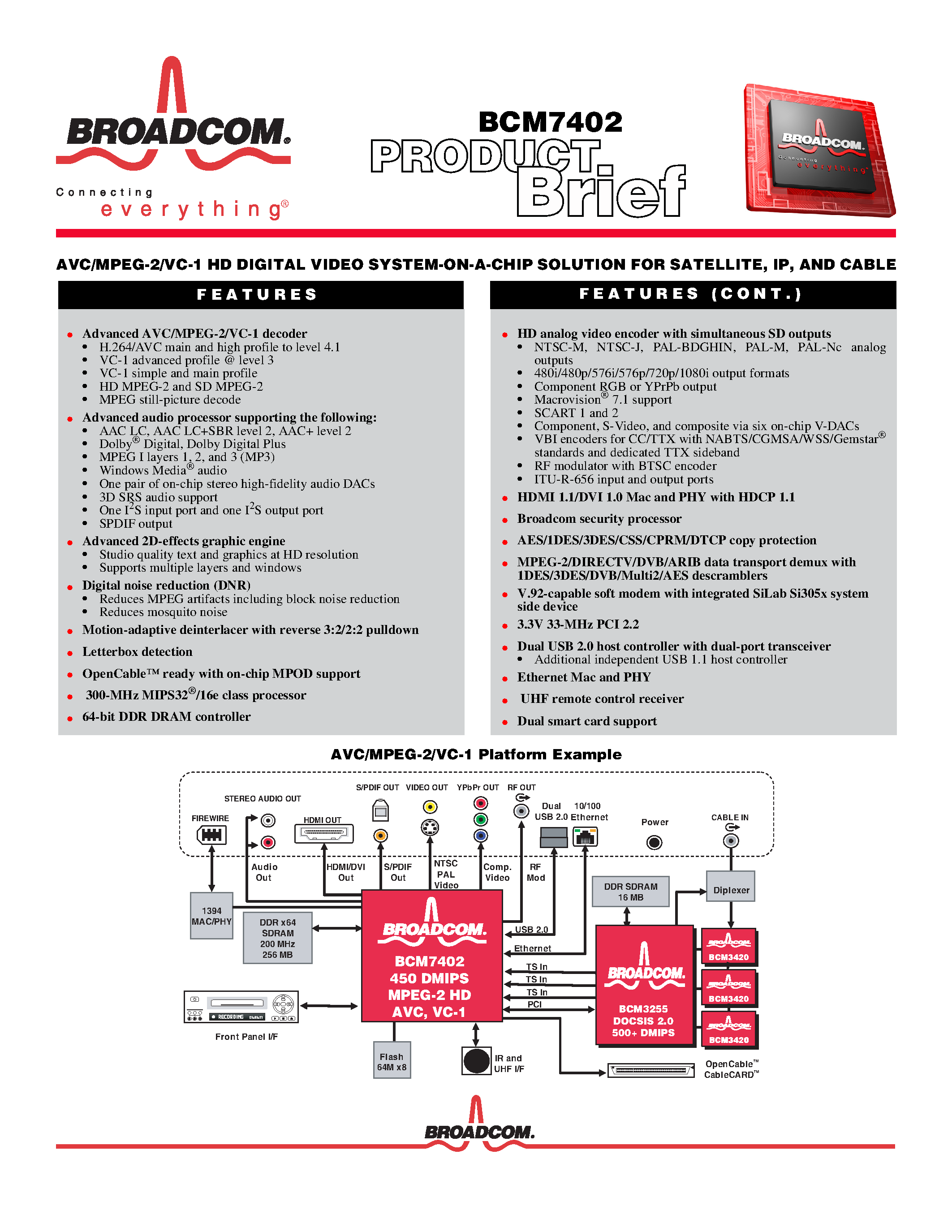Datasheet BCM7402 - AVC/MPEG-2/VC-1 HD DIGITAL VIDEO SYSTEM-ON-A-CHIP SOLUTION page 1