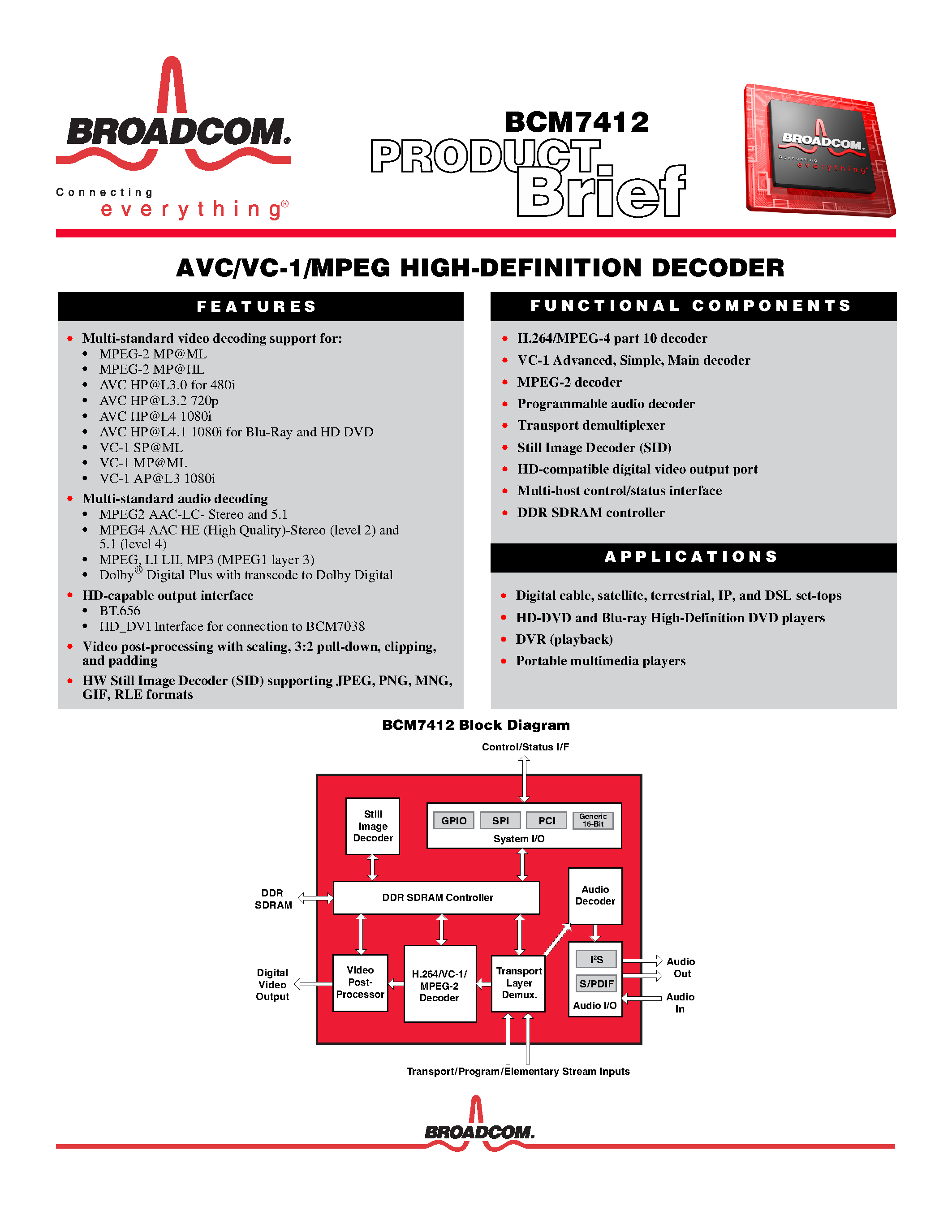 Даташит на микросхему BCM7412 страница 1 Даташит BCM7412 - AVC/VC-1/MPEG HIGH-DEFINITION DECODER страница 1