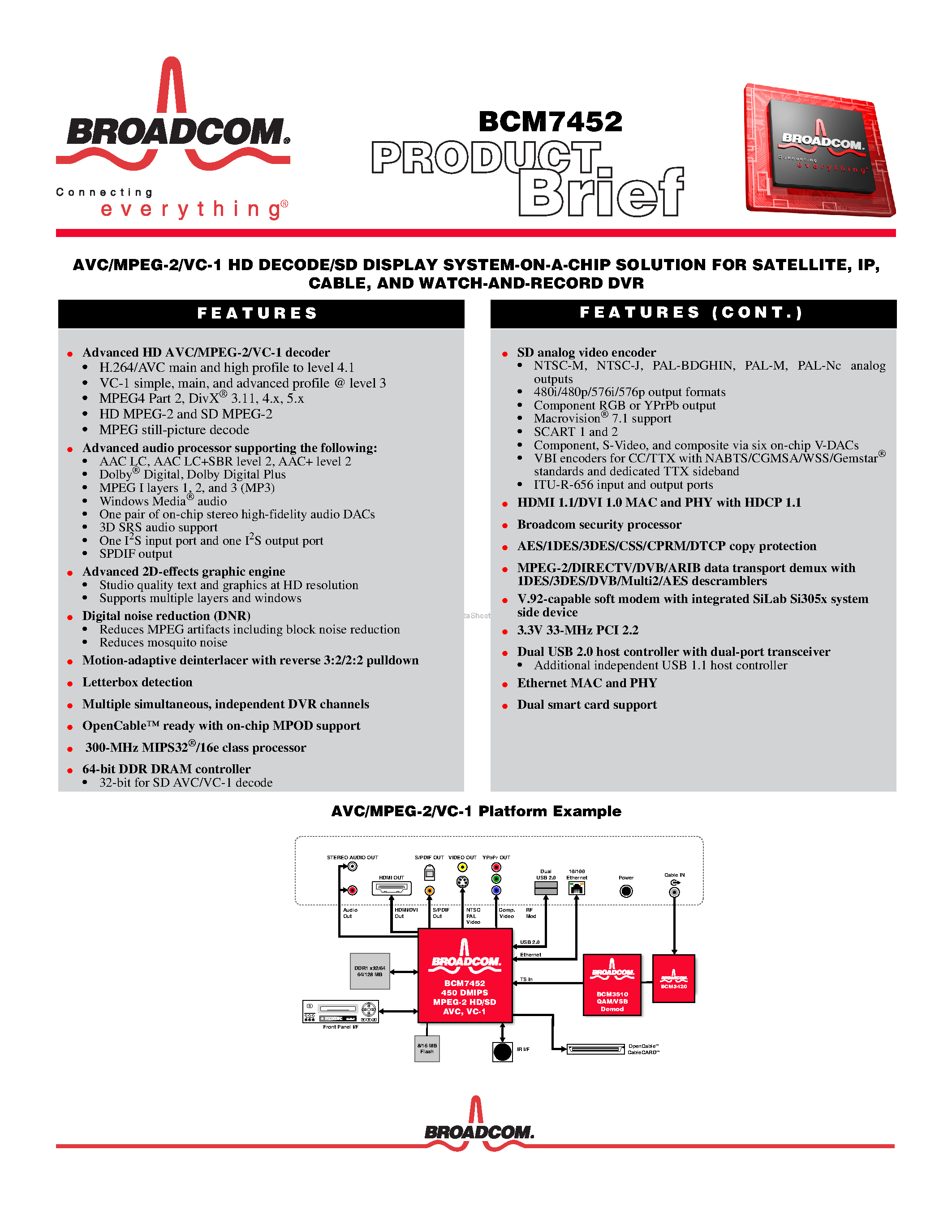 Datasheet BCM7452 - AVC/MPEG-2/VC-1 HD DECODE/SD DISPLAY SYSTEM-ON-A-CHIP SOLUTION page 1