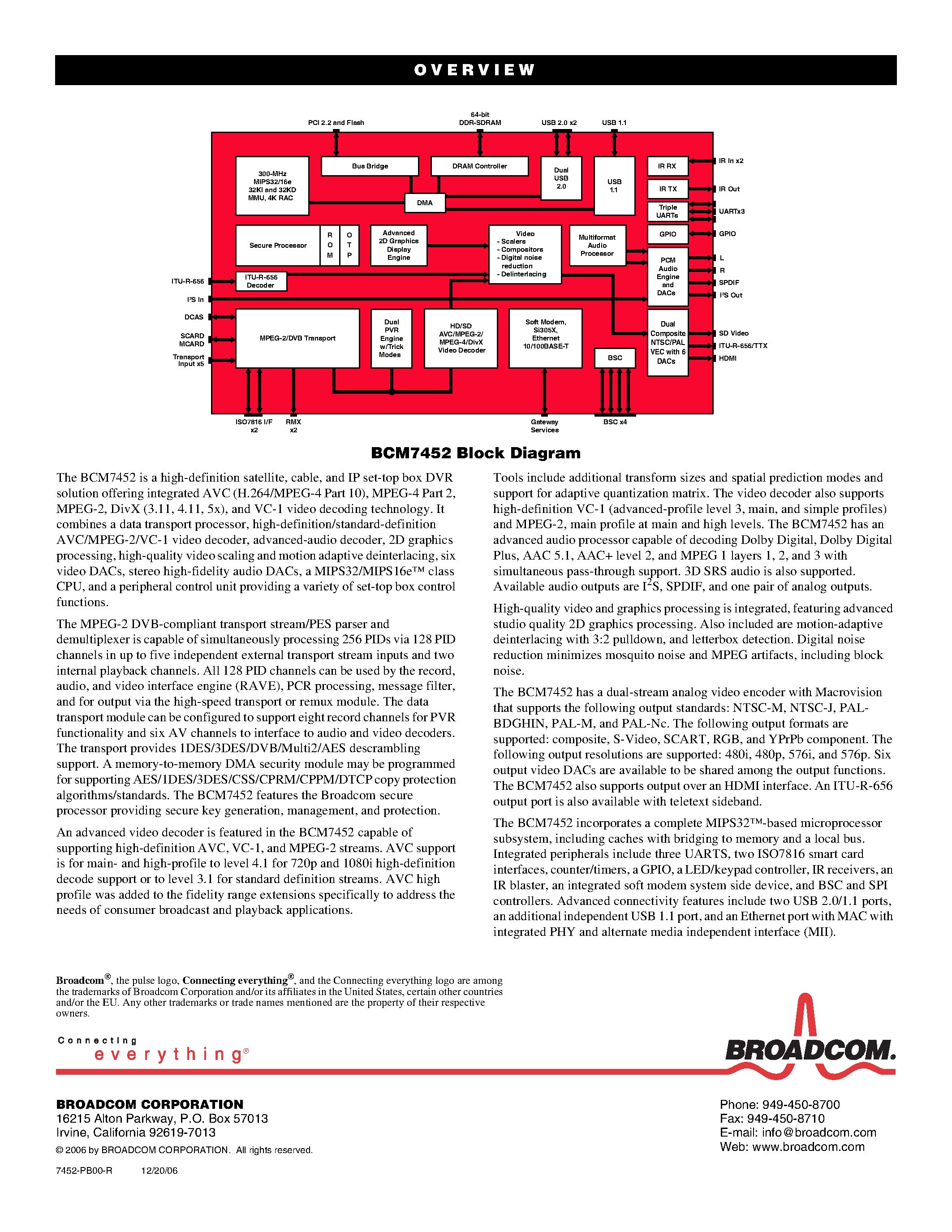 Datasheet BCM7452 - AVC/MPEG-2/VC-1 HD DECODE/SD DISPLAY SYSTEM-ON-A-CHIP SOLUTION page 2