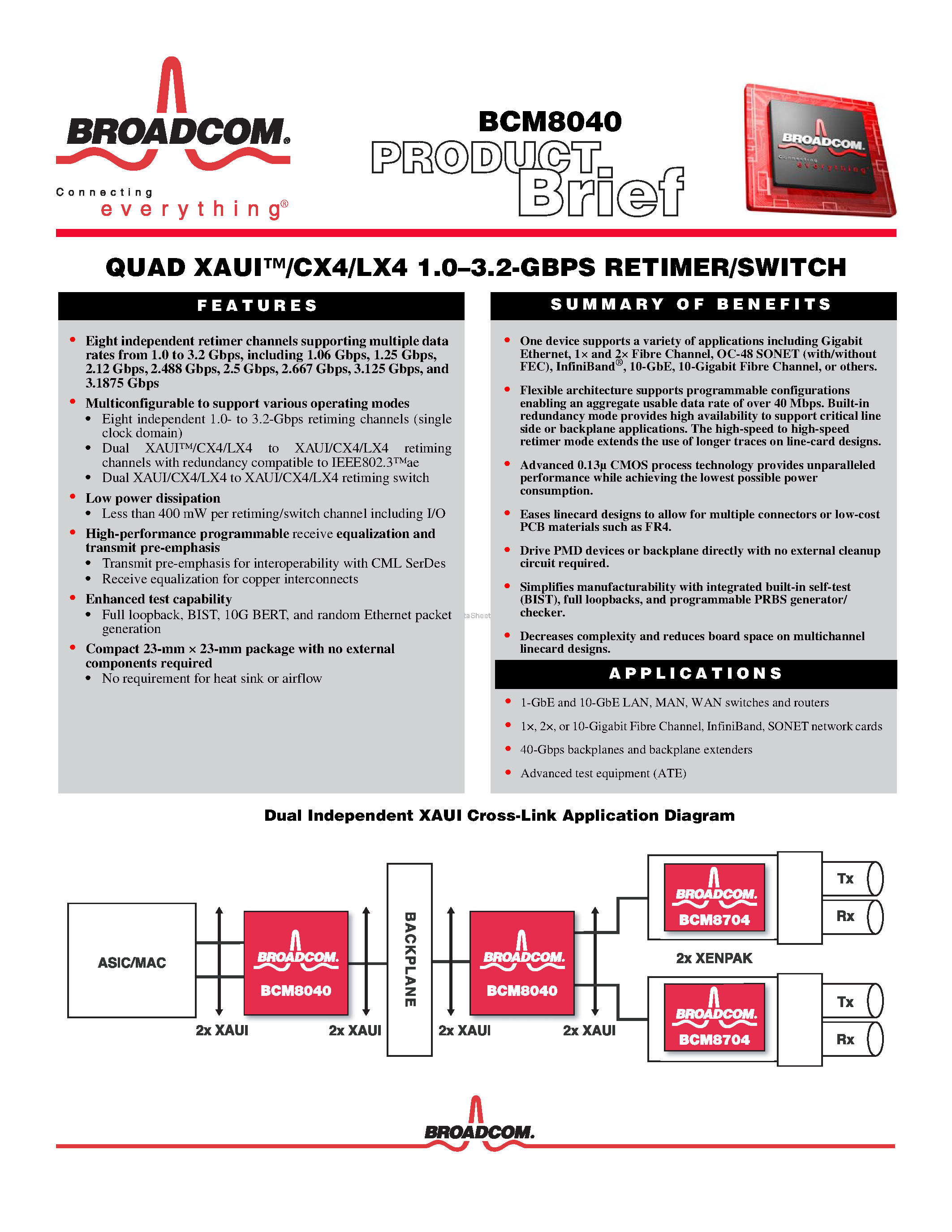 Даташит на микросхему BCM8040 страница 1 Даташит BCM8040 - RETIMER/SWITCH страница 1