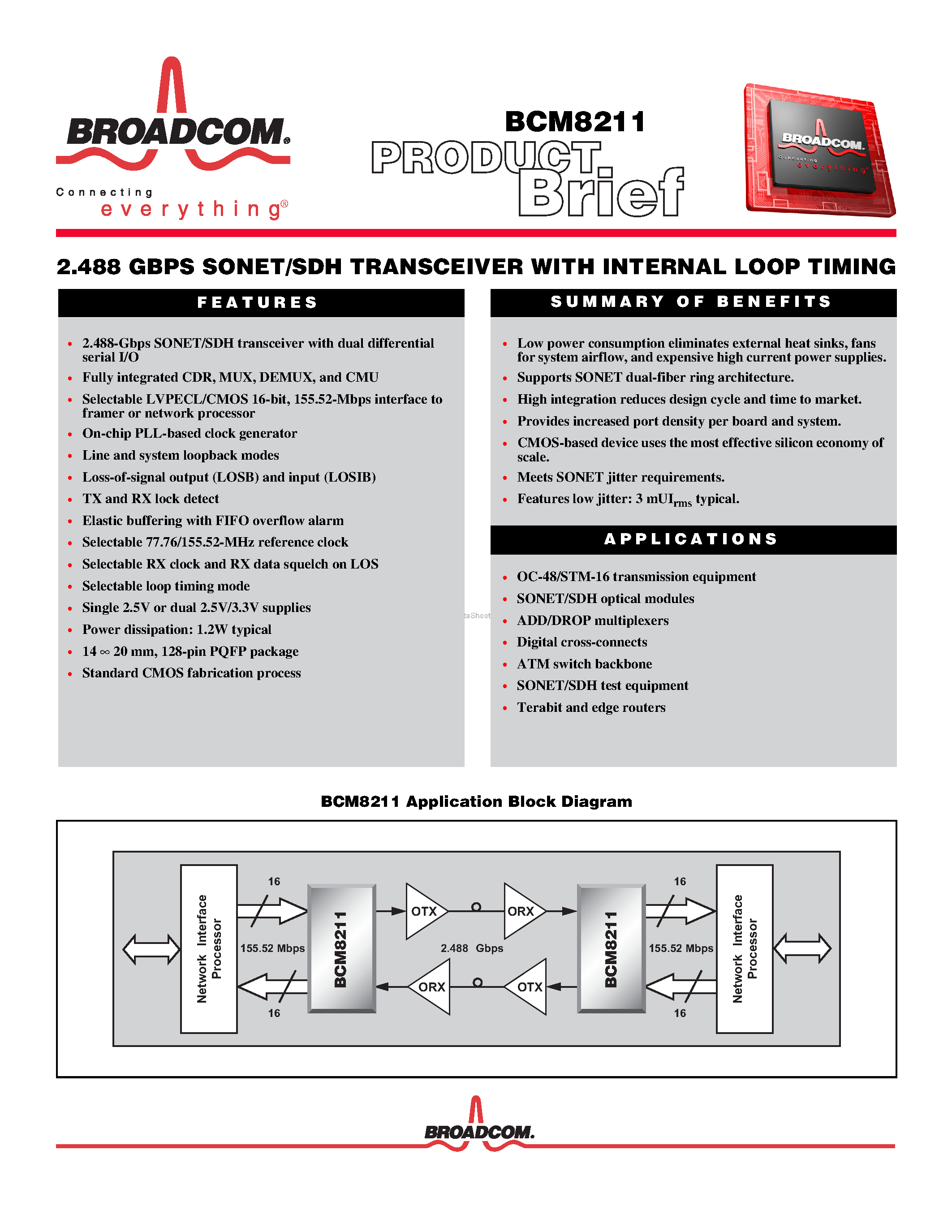Даташит на микросхему BCM8211 страница 1 Даташит BCM8211 - 2.488 GBPS SONET/SDH TRANSCEIVER страница 1