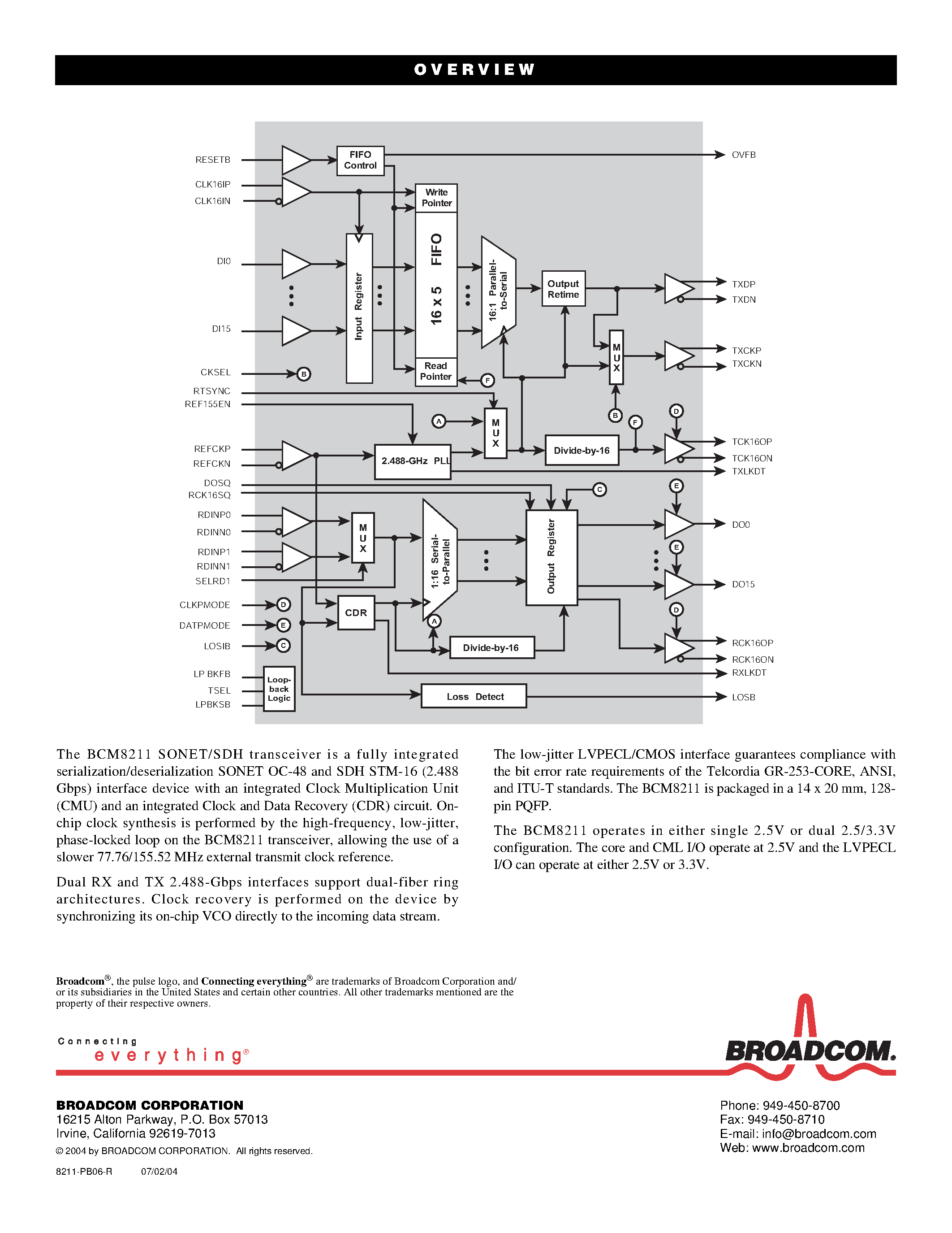 Даташит на микросхему BCM8211 страница 2 Даташит BCM8211 - 2.488 GBPS SONET/SDH TRANSCEIVER страница 2