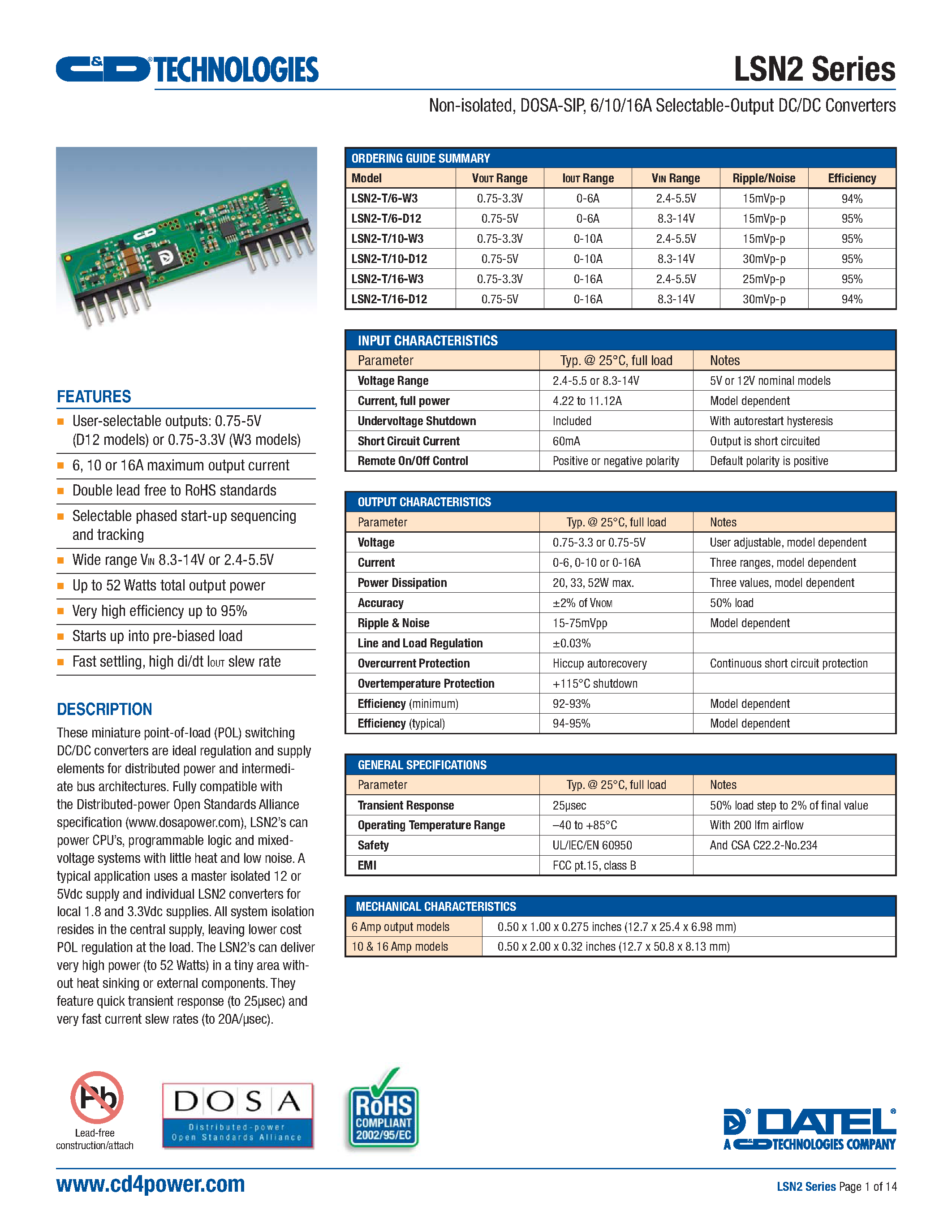Datasheet LSN2 page 1 Datasheet LSN2 - 6/10/16A Selectable-Output DC/DC Converters page 1