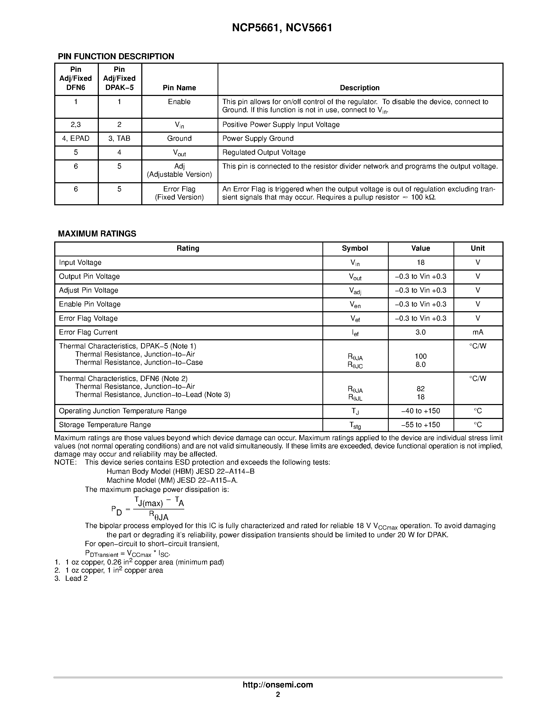 Datasheet NCP5661 - Ultra-Fast 1.0 A Low Dropout Linear Regulator page 2