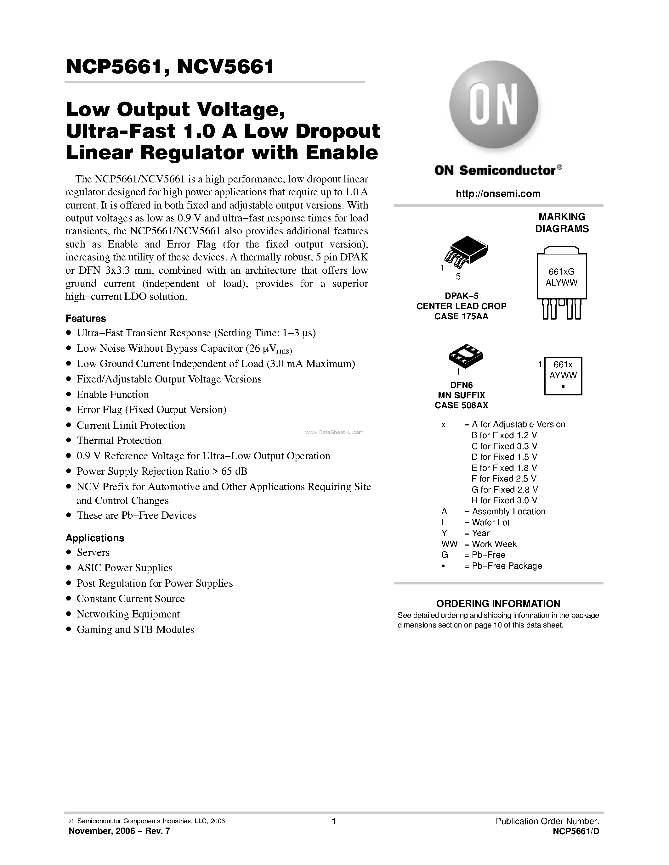 Datasheet NCV5661 - Ultra-Fast 1.0 A Low Dropout Linear Regulator page 1