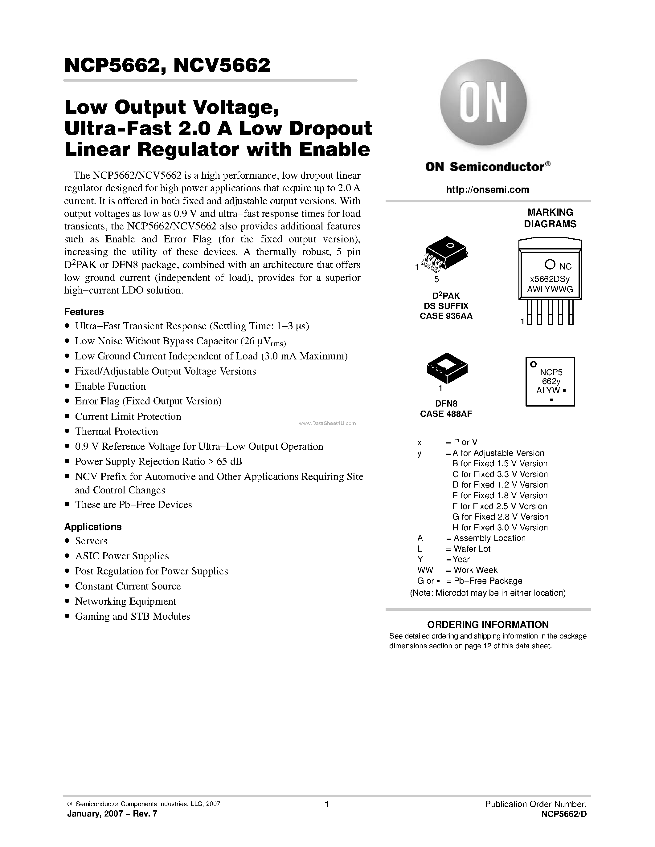 Datasheet NCP5662 page 1 Datasheet NCP5662 - Ultra-Fast 2.0 A Low Dropout Linear Regulator page 1