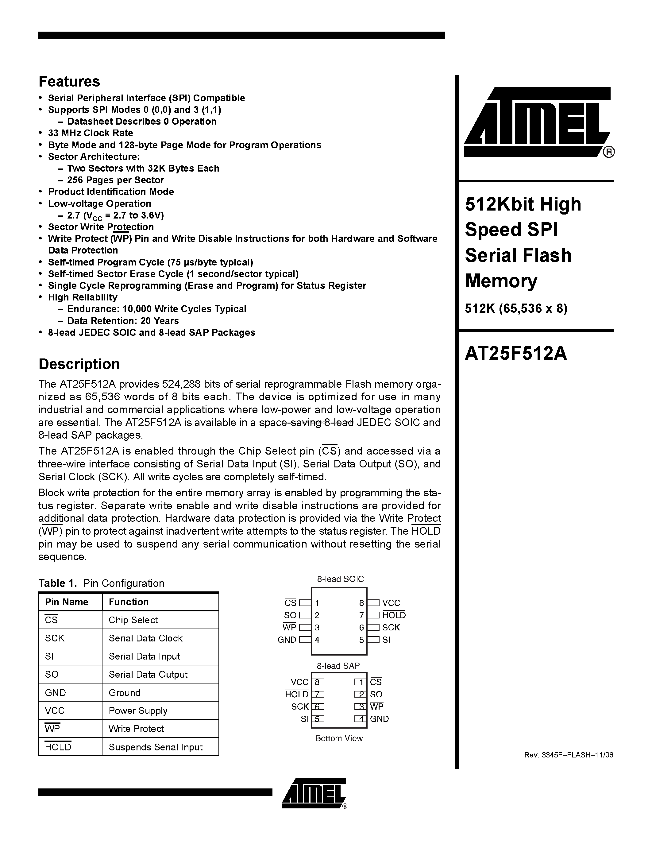 Datasheet AT25F512A - 512Kbit High Speed SPI Serial Flash Memory page 1