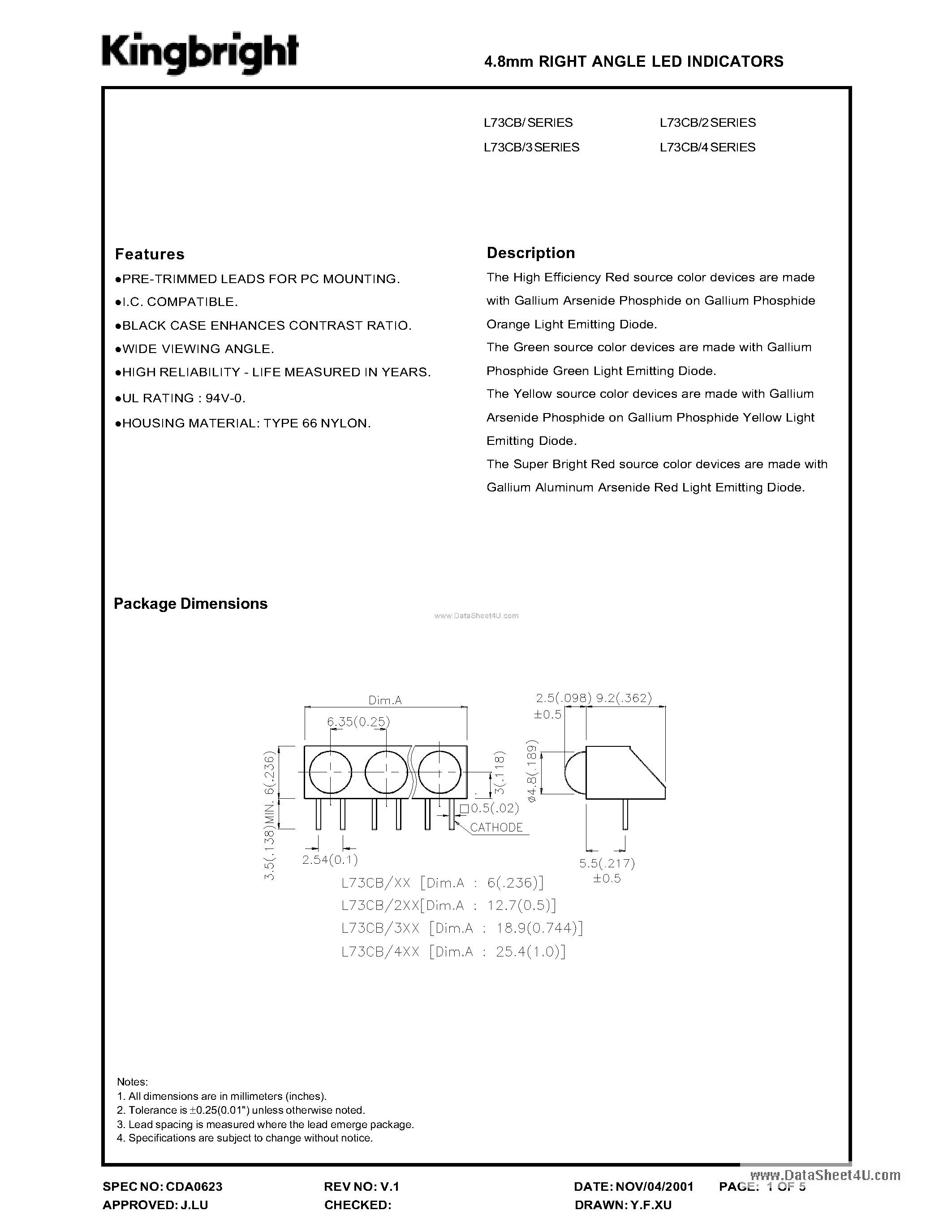 Datasheet L73CB/3GDA - (L73CB/x Series) 4.8mm Right Angel LED Indicators page 1