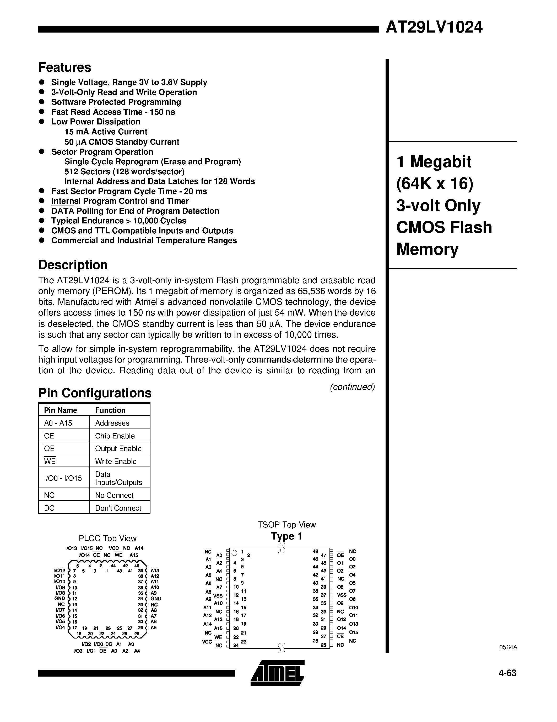 Datasheet AT29LV1024 page 1 Datasheet AT29LV1024 - 1 Megabit 64K x 16 3-volt Only CMOS Flash Memory page 1