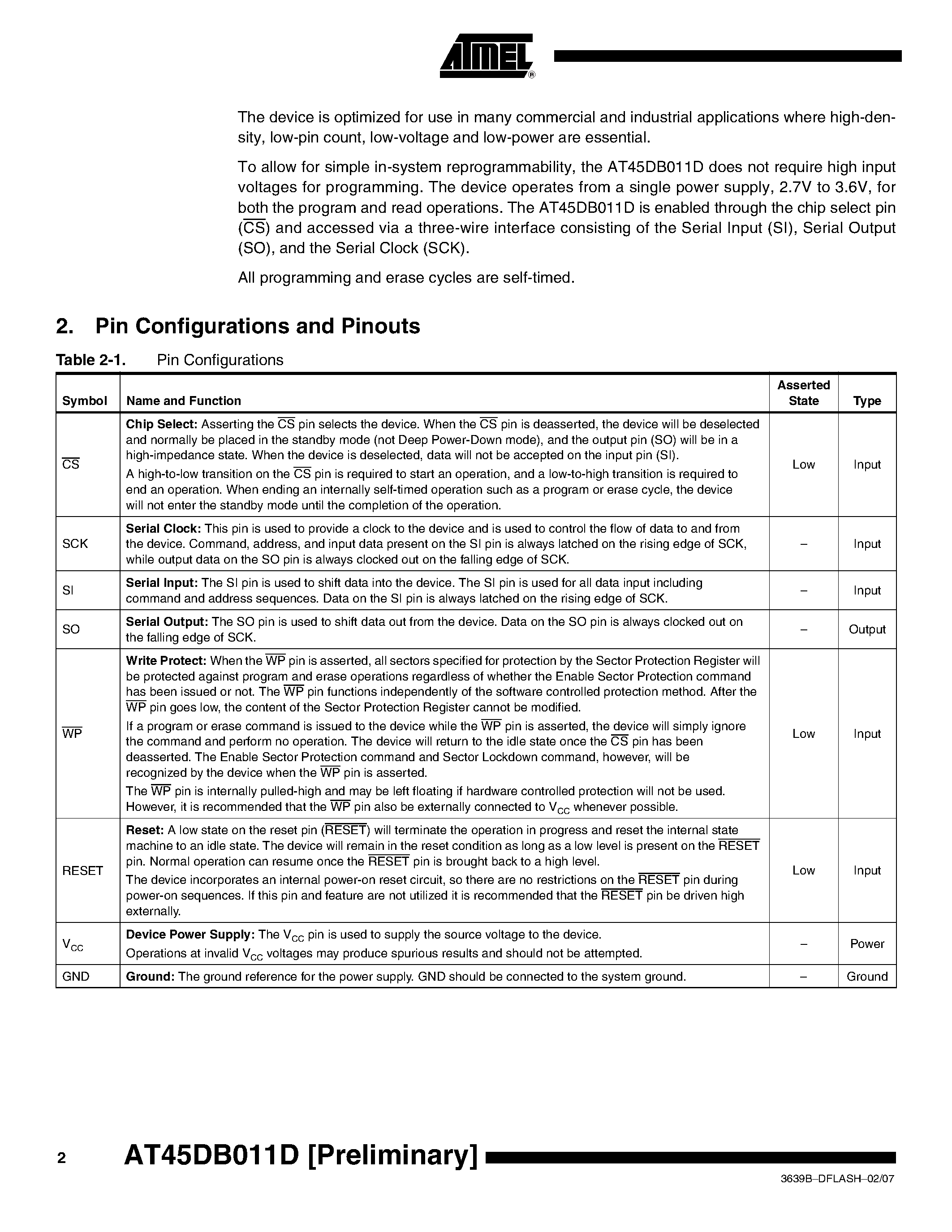 Datasheet AT45DB011D - 1-megabit 2.7-volt DataFlash page 2
