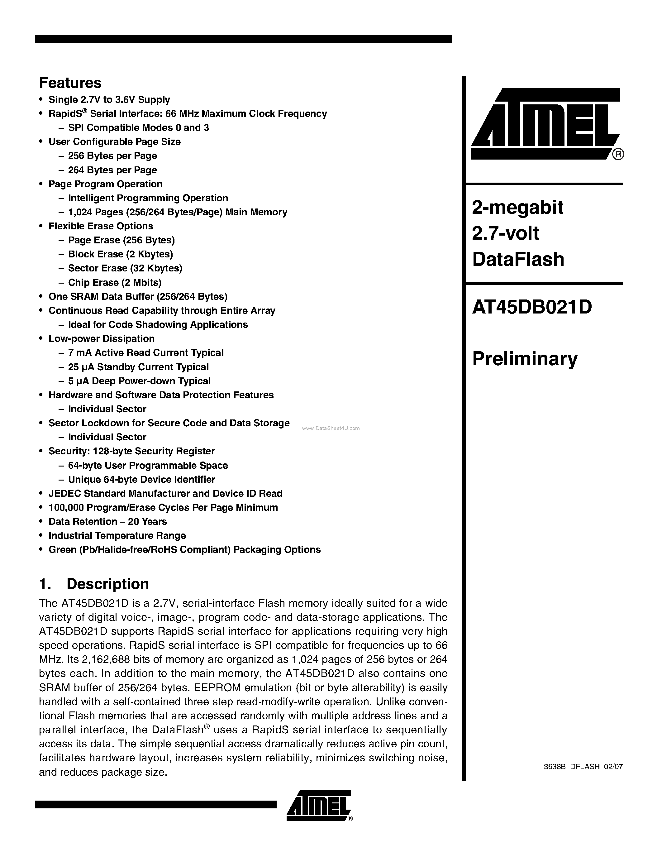 Datasheet AT45DB021D - 2-megabit 2.7-volt DataFlash page 1