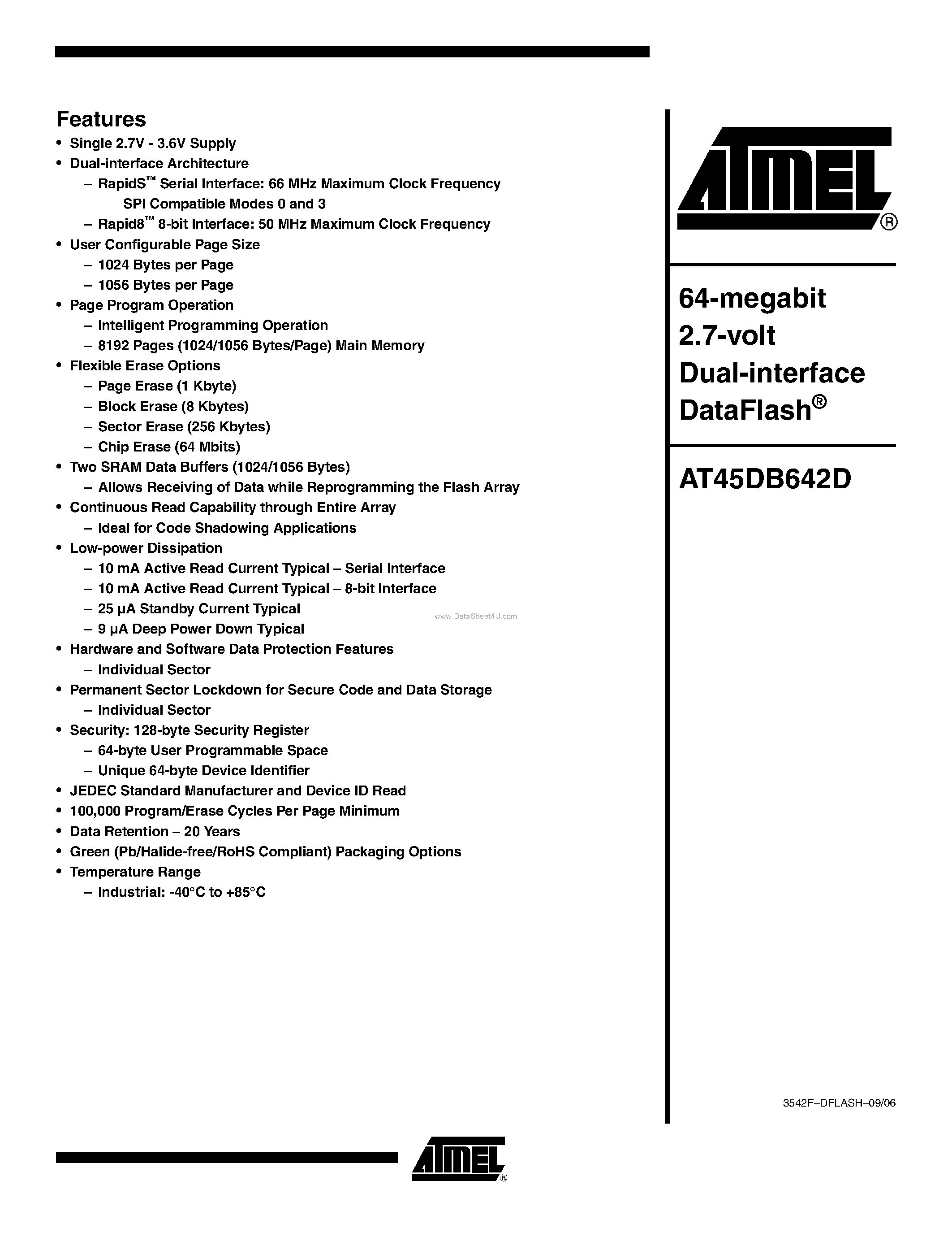 Datasheet AT45DB642D - 64-megabit 2.7-volt Dual-interface DataFlash page 1