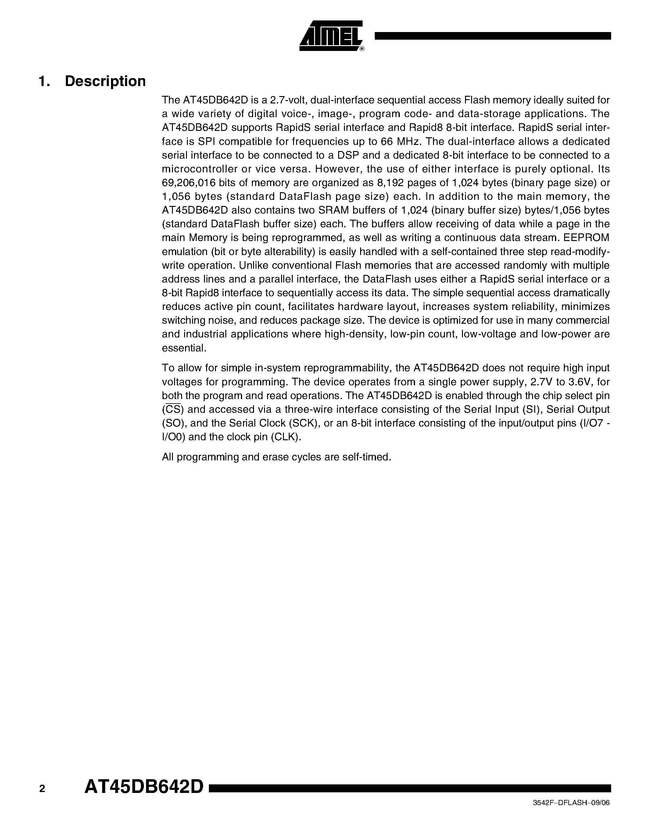 Datasheet AT45DB642D - 64-megabit 2.7-volt Dual-interface DataFlash page 2