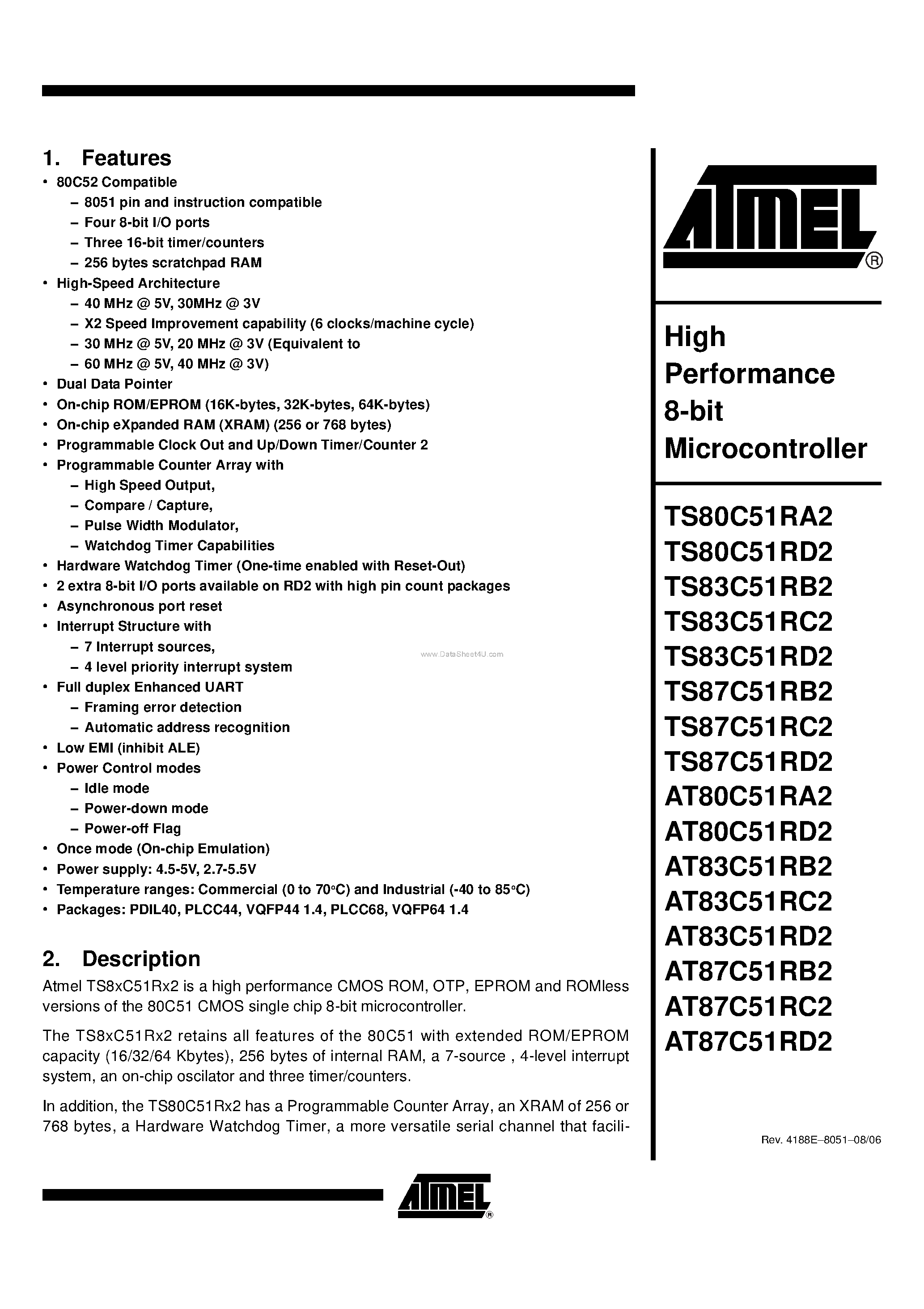 Datasheet AT80C51RA2 - (AT8xC51Rx2) High Performance 8-bit Microcontroller page 1