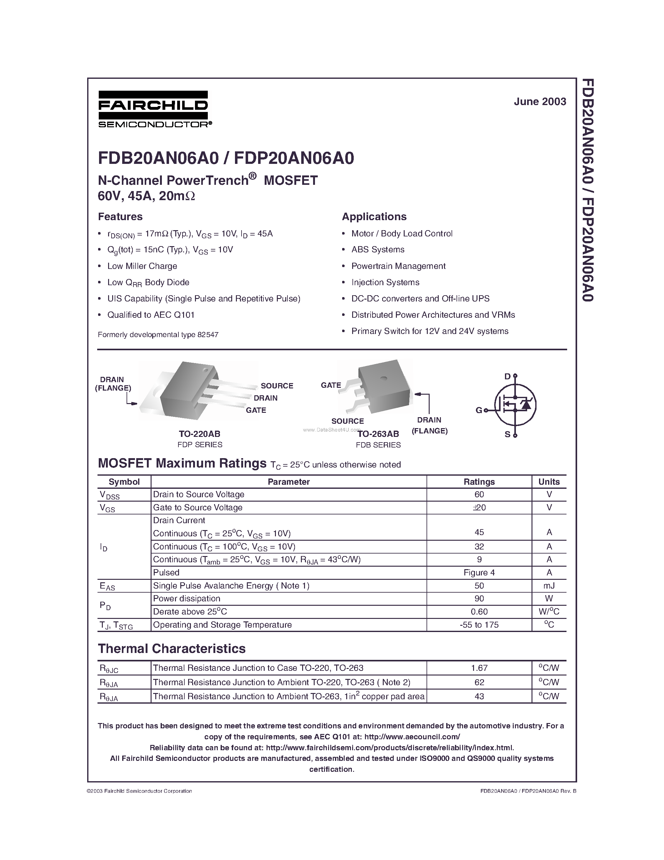 Datasheet FDB20AN06A0 - N-Channel PowerTrench MOSFET page 1