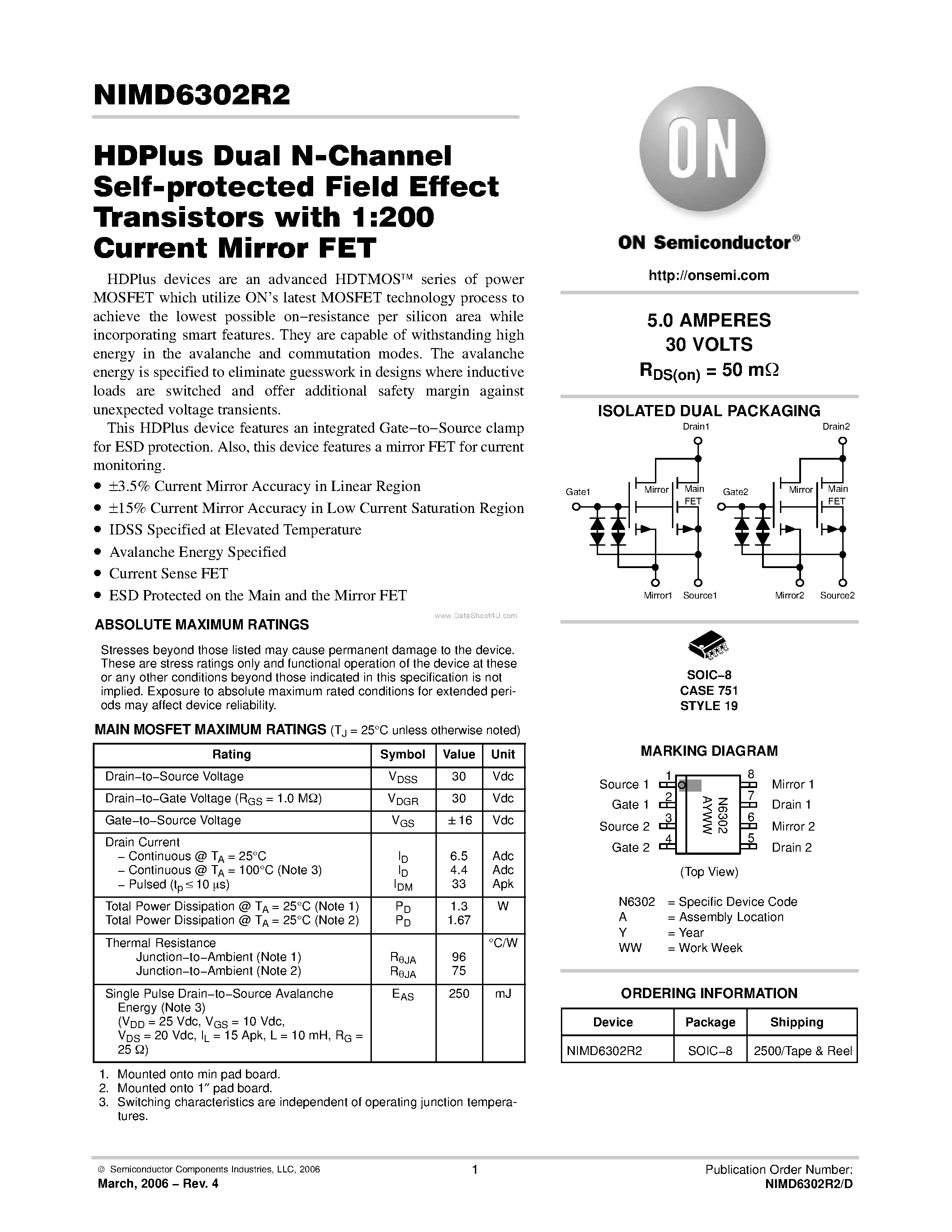 Datasheet NIMD6302R2 - HDPlus Dual N-Channel Self-protected Field Effect Transistors page 1