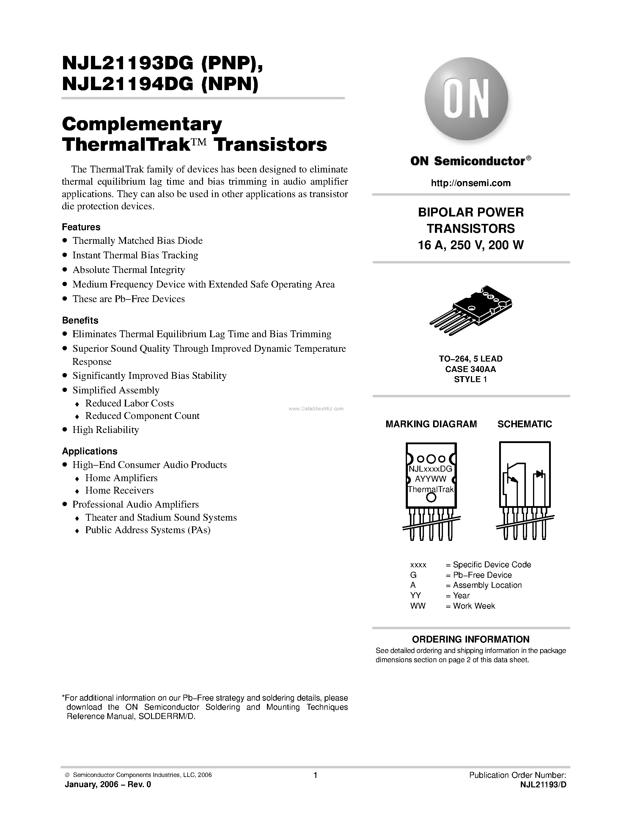 Datasheet NJL21193DG - (NJL21193DG / NJL21194DG) Complementary ThermalTrak Transistors page 1