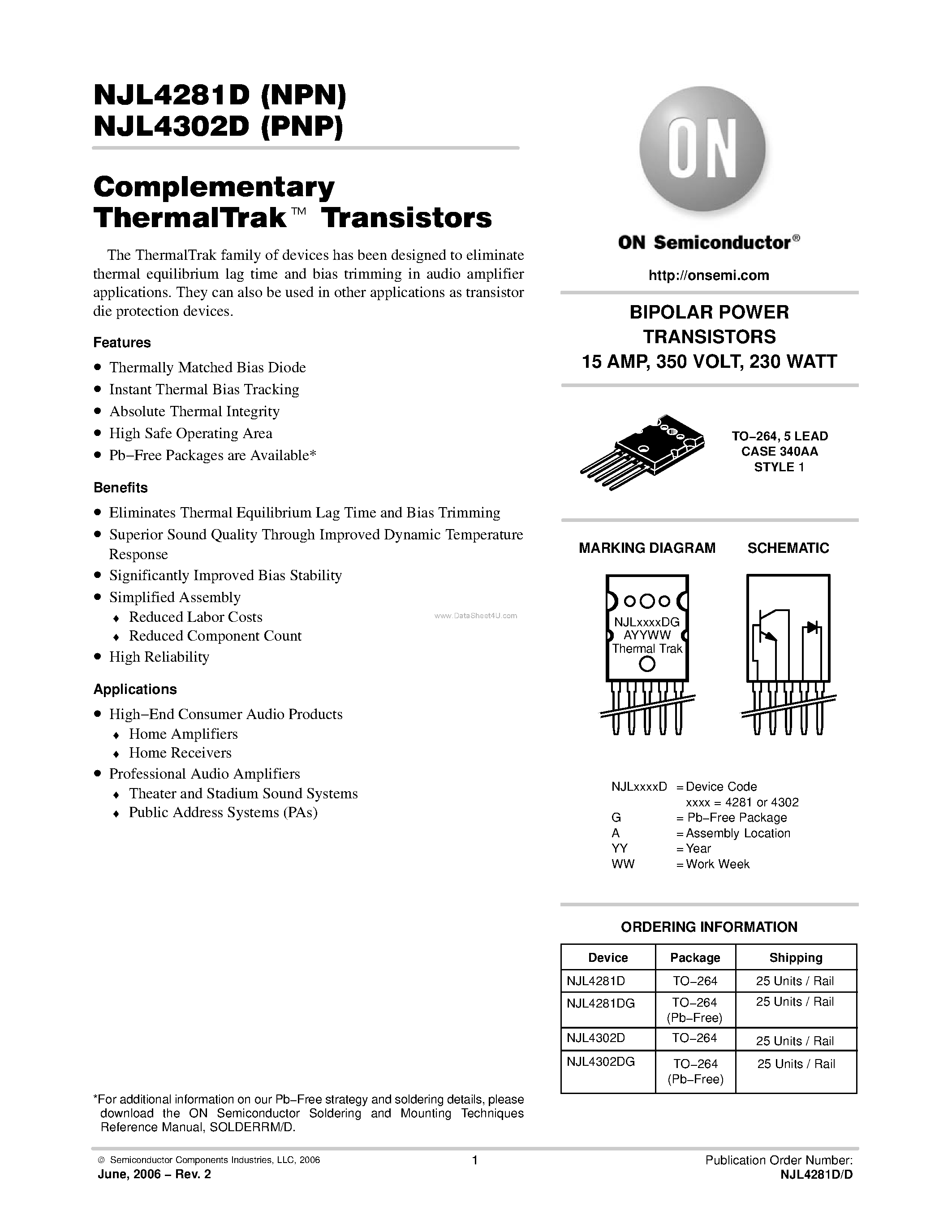 Datasheet NJL4281D - (NJL4281D / NJL4302D) Complementary ThermalTrak Transistors page 1