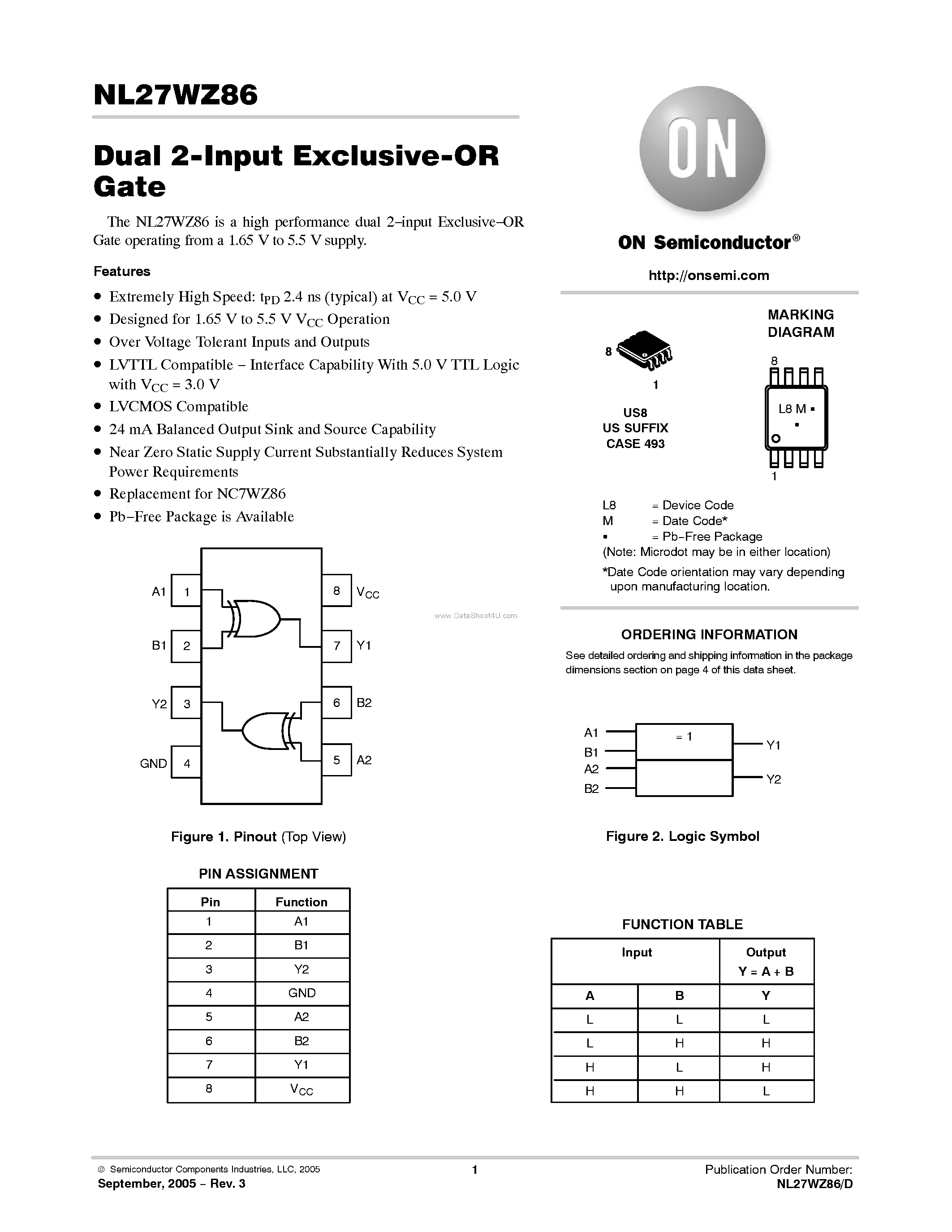 Datasheet NL27WZ86 - Dual 2-Input Exclusive-OR Gate page 1