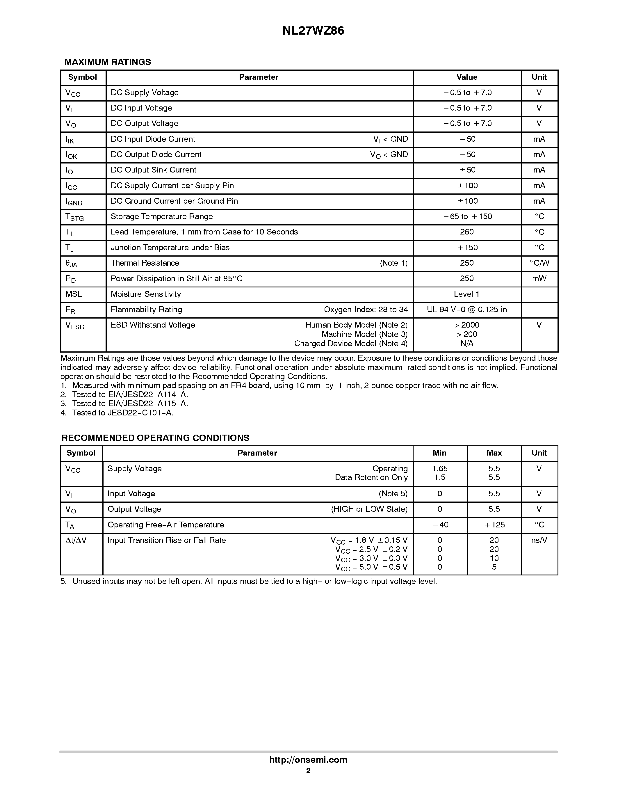 Datasheet NL27WZ86 - Dual 2-Input Exclusive-OR Gate page 2